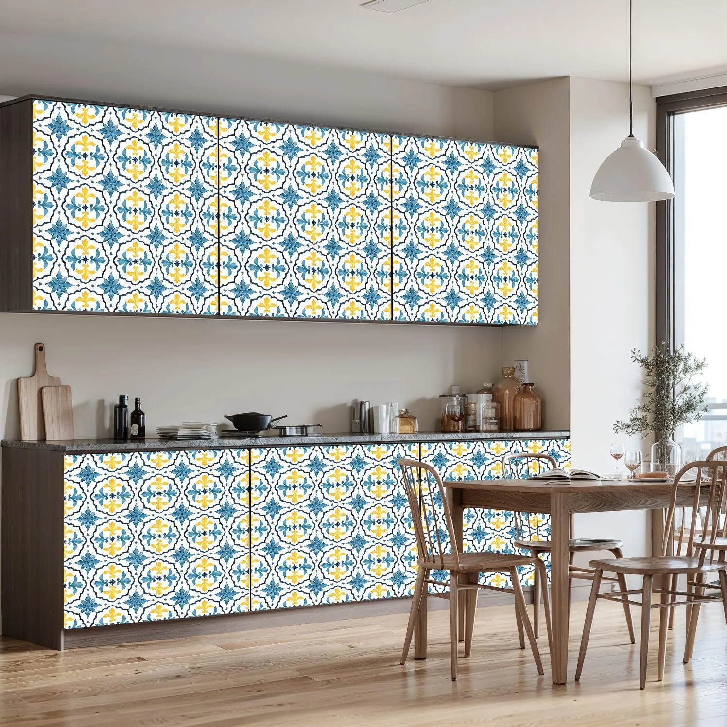 Peel and Stick Wallpaper Self Adhesive Wall Mural Watercolor seamless consisting yellow blue Mediterranean tiles Contact Paper Renter Friendly Wallpaper for Kitchen Nursery Bedroom 17.7"x118"