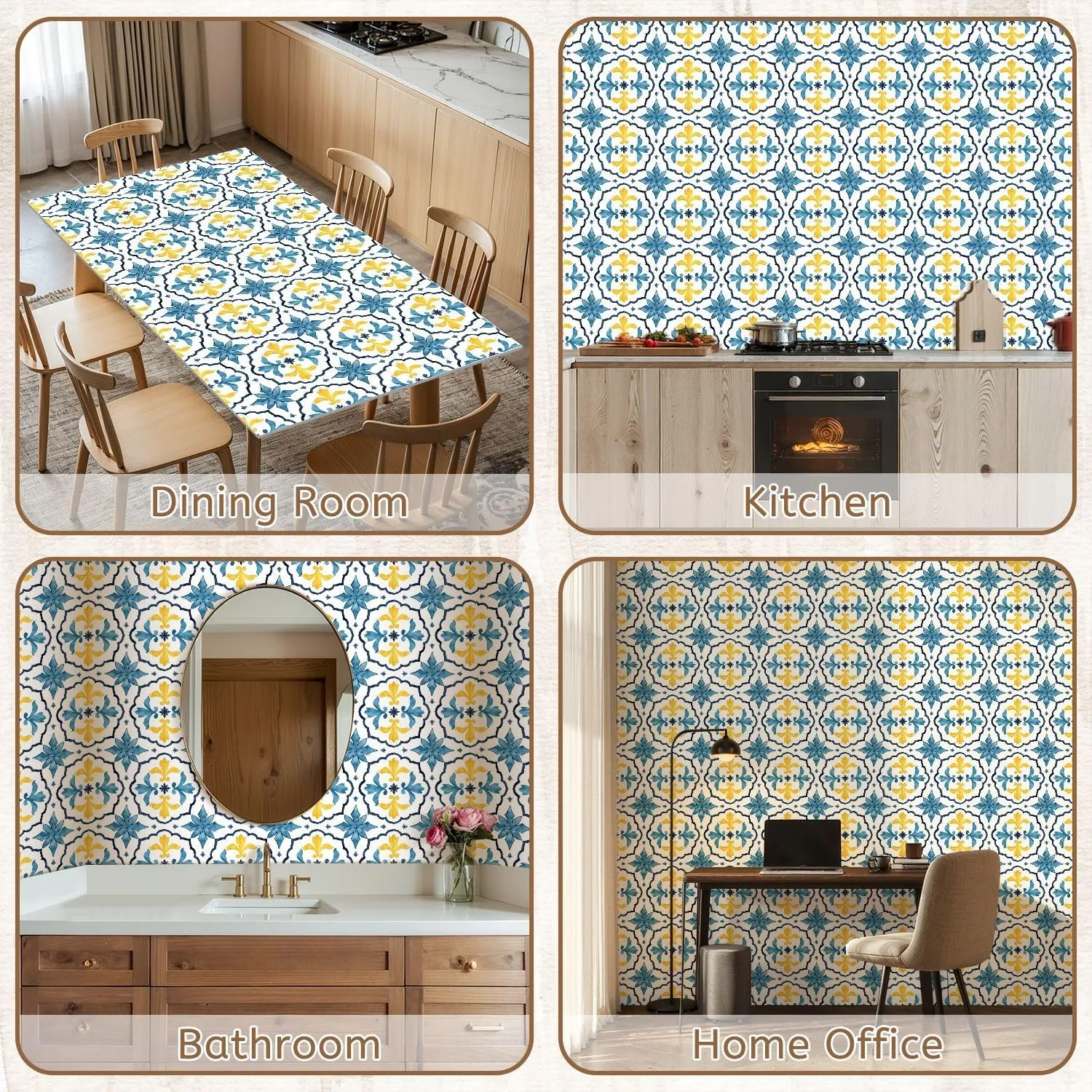 Peel and Stick Wallpaper Self Adhesive Wall Mural Watercolor seamless consisting yellow blue Mediterranean tiles Contact Paper Renter Friendly Wallpaper for Kitchen Nursery Bedroom 17.7"x118"