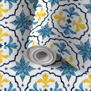 Peel and Stick Wallpaper Self Adhesive Wall Mural Watercolor seamless consisting yellow blue Mediterranean tiles Contact Paper Renter Friendly Wallpaper for Kitchen Nursery Bedroom 17.7"x118"