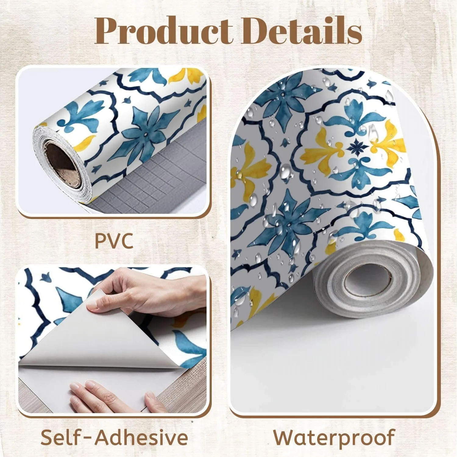 Peel and Stick Wallpaper Self Adhesive Wall Mural Watercolor seamless consisting yellow blue Mediterranean tiles Contact Paper Renter Friendly Wallpaper for Kitchen Nursery Bedroom 17.7"x118"