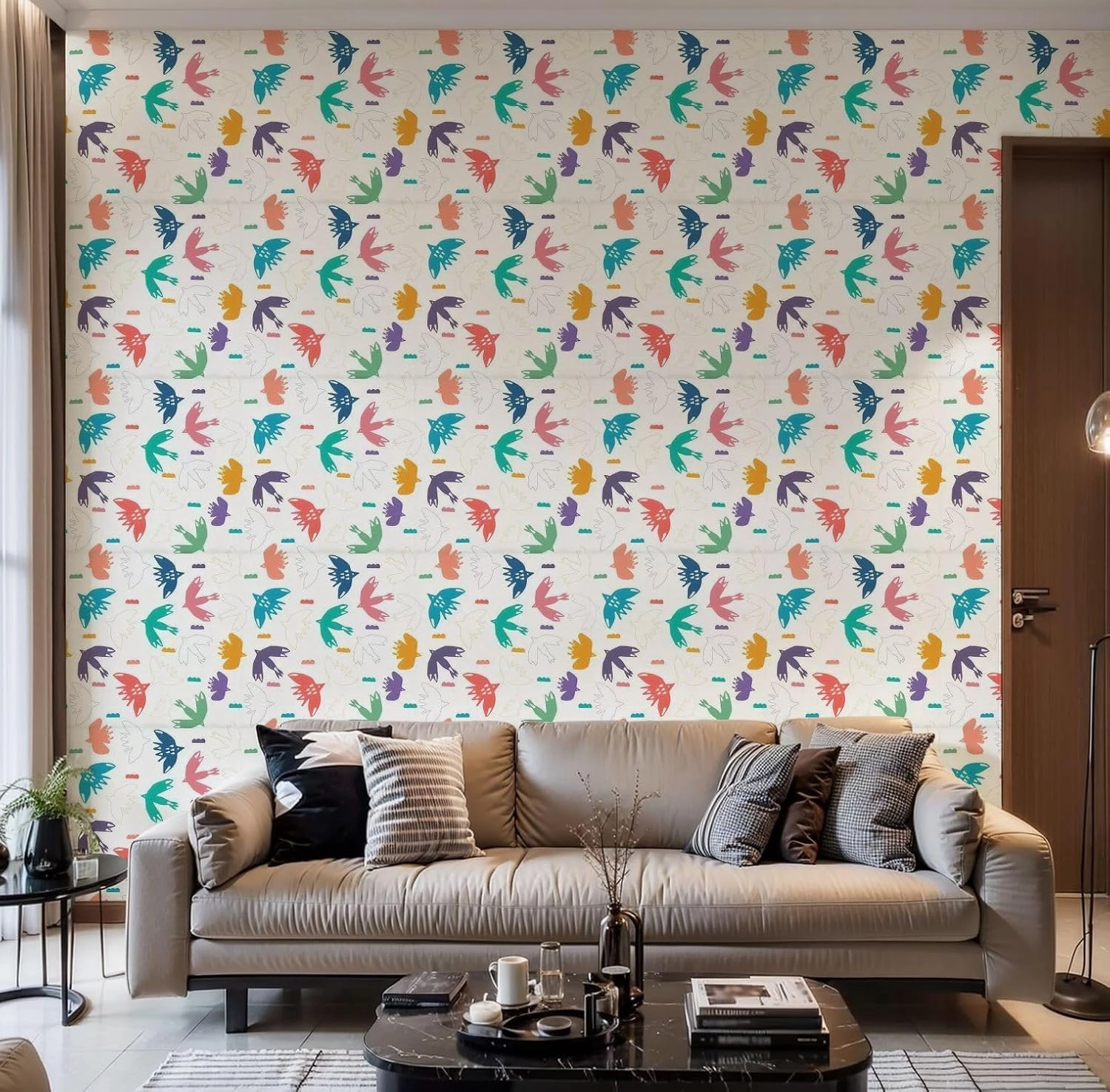 Peel and Stick Wallpaper Self Adhesive Wall Mural Abstract bird cloud cut out shapes seamless Hand drawn matisse style Contact Paper Renter Friendly Wallpaper for Kitchen Nursery Bedroom 17.7"x118"