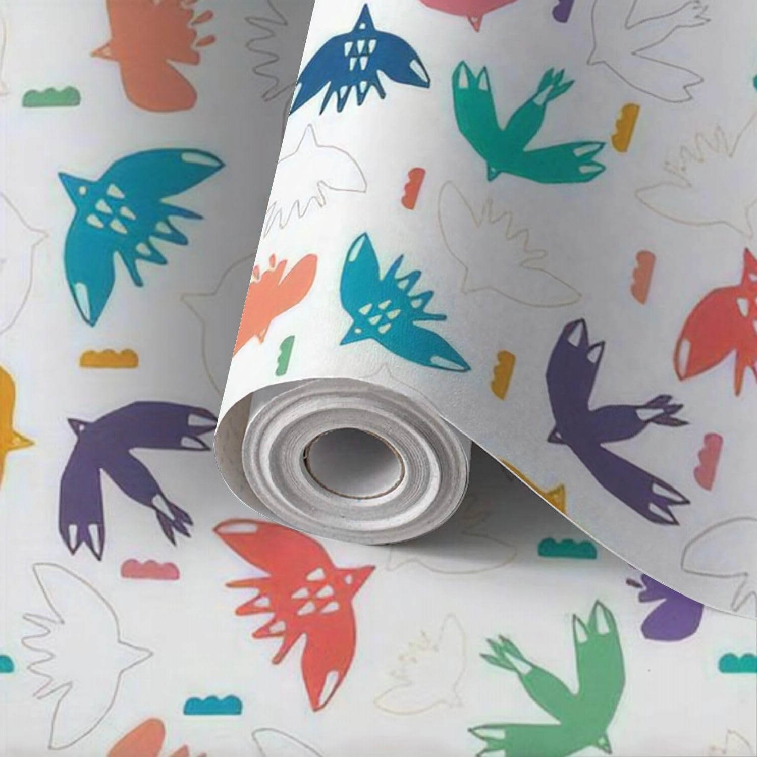 Peel and Stick Wallpaper Self Adhesive Wall Mural Abstract bird cloud cut out shapes seamless Hand drawn matisse style Contact Paper Renter Friendly Wallpaper for Kitchen Nursery Bedroom 17.7"x118"