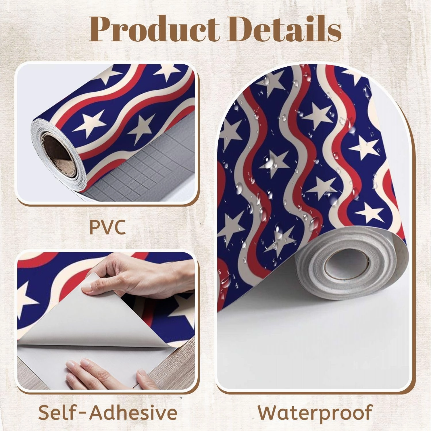 Peel and Stick Wallpaper Self Adhesive Wall Mural American flag white stars red waves blue seamless pattern for fourth Contact Paper Renter Friendly Wallpaper for Kitchen Nursery Bedroom 17.7"x118"