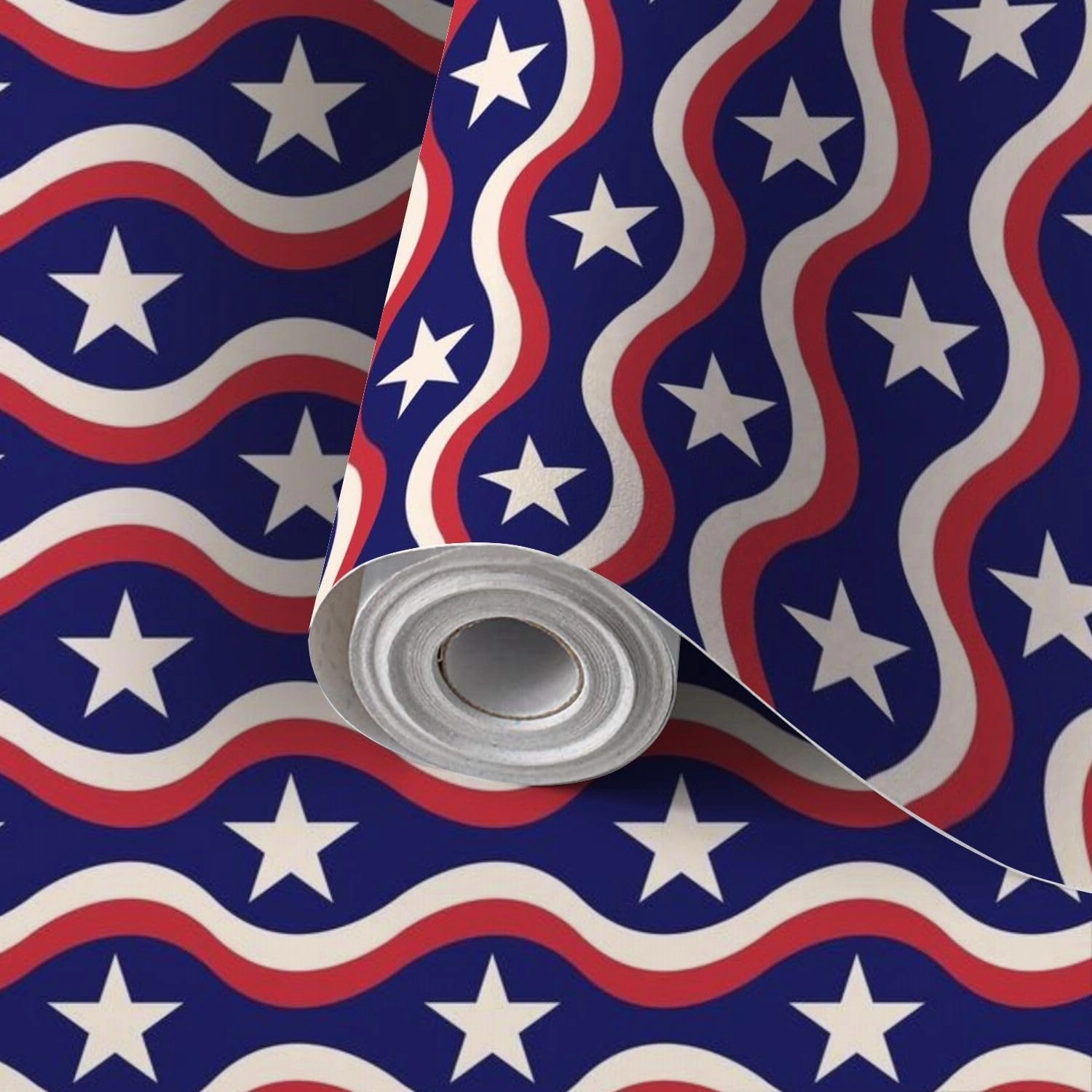 Peel and Stick Wallpaper Self Adhesive Wall Mural American flag white stars red waves blue seamless pattern for fourth Contact Paper Renter Friendly Wallpaper for Kitchen Nursery Bedroom 17.7"x118"