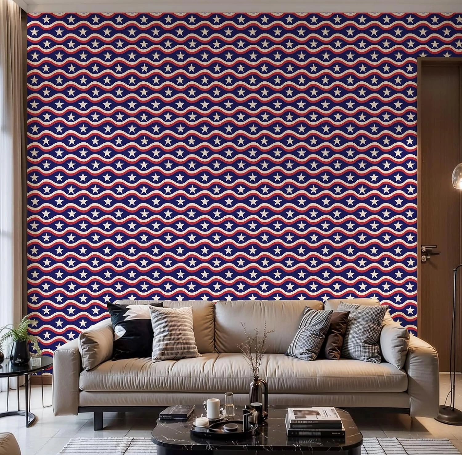 Peel and Stick Wallpaper Self Adhesive Wall Mural American flag white stars red waves blue seamless pattern for fourth Contact Paper Renter Friendly Wallpaper for Kitchen Nursery Bedroom 17.7"x118"