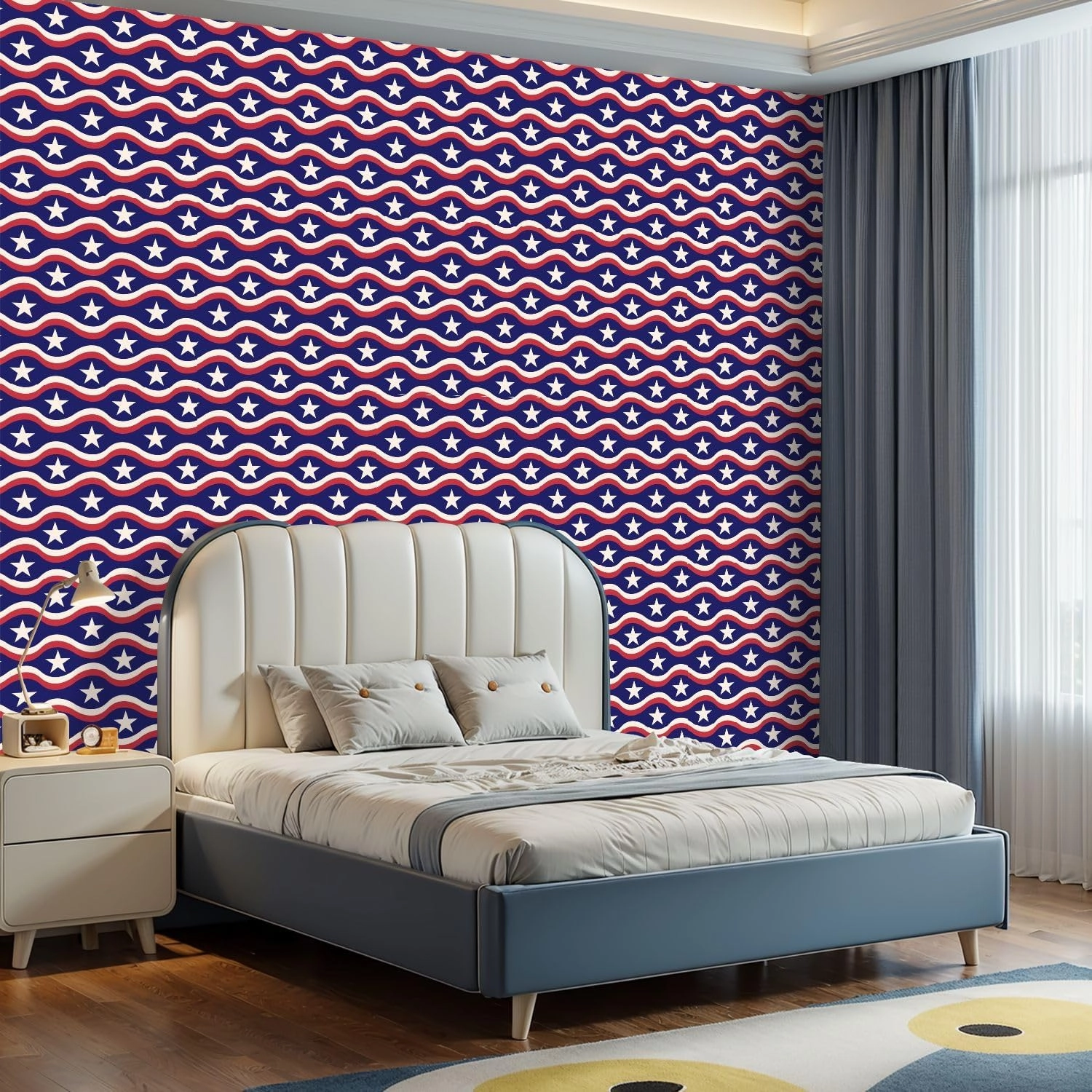 Peel and Stick Wallpaper Self Adhesive Wall Mural American flag white stars red waves blue seamless pattern for fourth Contact Paper Renter Friendly Wallpaper for Kitchen Nursery Bedroom 17.7"x118"