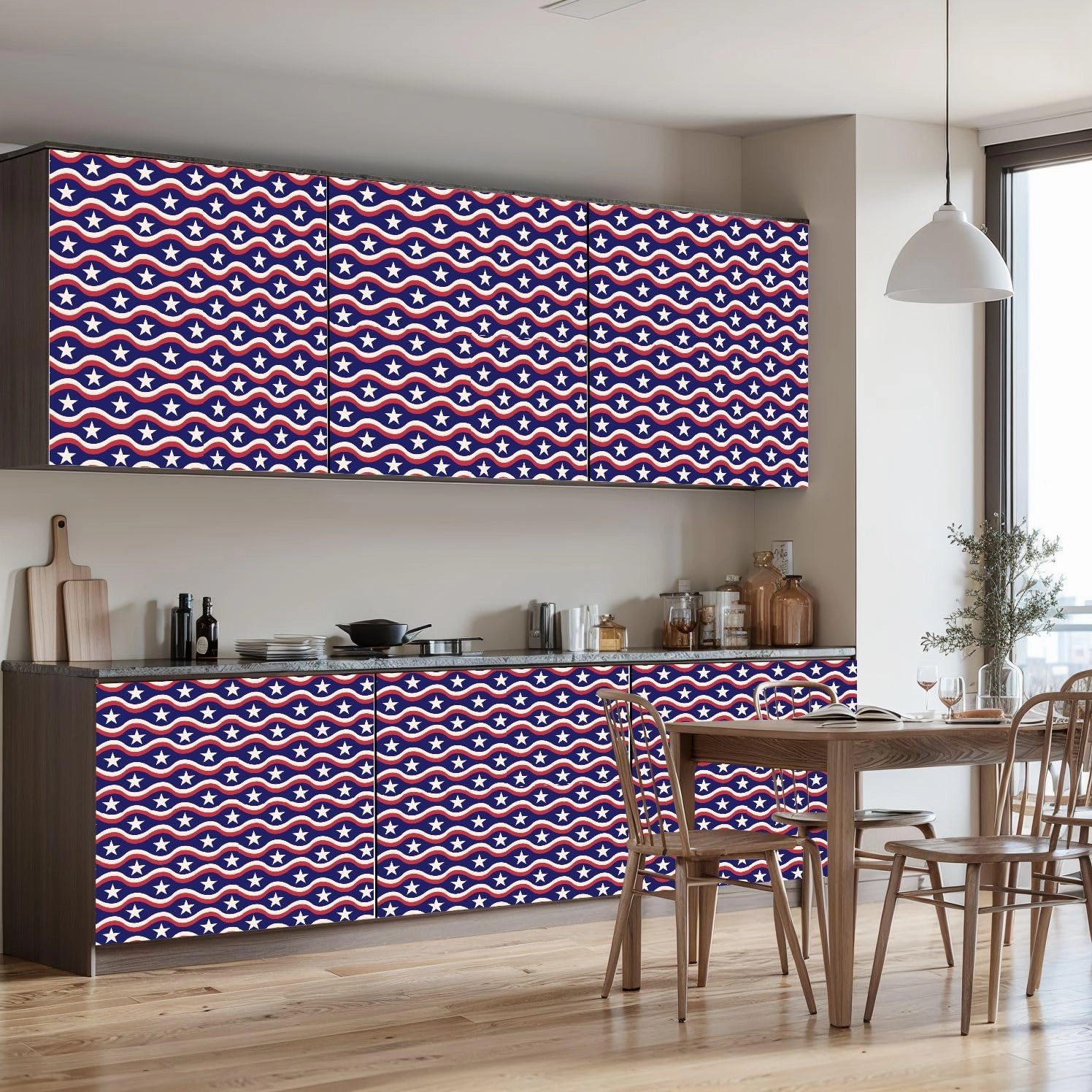 Peel and Stick Wallpaper Self Adhesive Wall Mural American flag white stars red waves blue seamless pattern for fourth Contact Paper Renter Friendly Wallpaper for Kitchen Nursery Bedroom 17.7"x118"