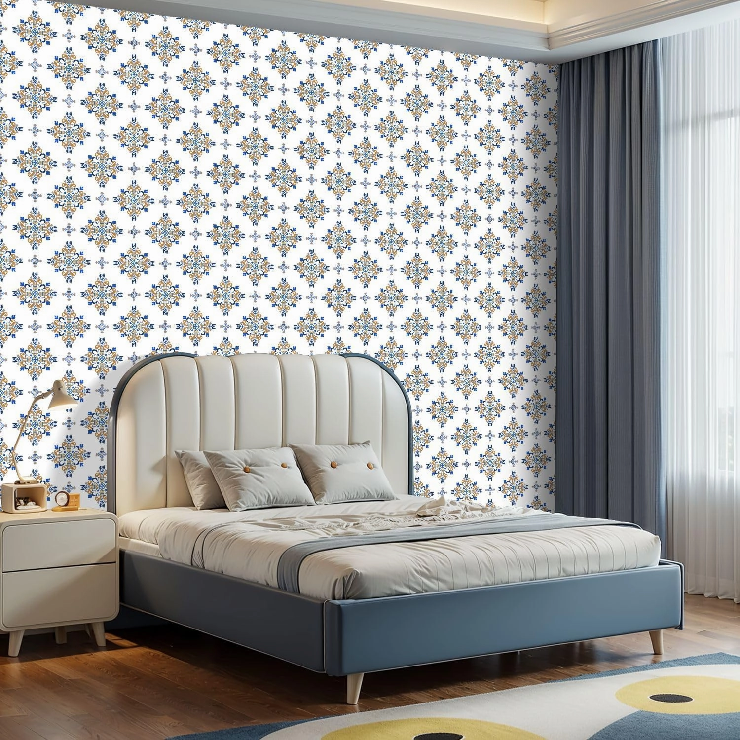 Peel and Stick Wallpaper Self Adhesive Wall Mural Blue gold white damask seamless Barogue Victorian style Portuguese Contact Paper Renter Friendly Wallpaper for Kitchen Nursery Bedroom 17.7"x118"