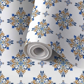 Peel and Stick Wallpaper Self Adhesive Wall Mural Blue gold white damask seamless Barogue Victorian style Portuguese Contact Paper Renter Friendly Wallpaper for Kitchen Nursery Bedroom 17.7"x118"