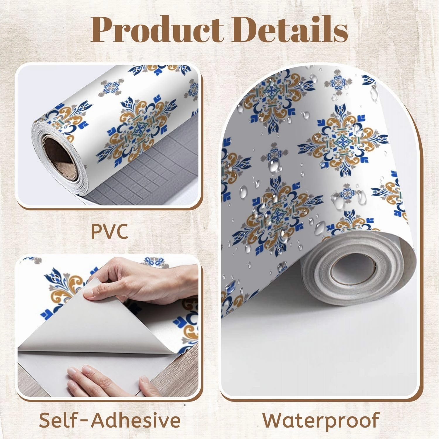 Peel and Stick Wallpaper Self Adhesive Wall Mural Blue gold white damask seamless Barogue Victorian style Portuguese Contact Paper Renter Friendly Wallpaper for Kitchen Nursery Bedroom 17.7"x118"