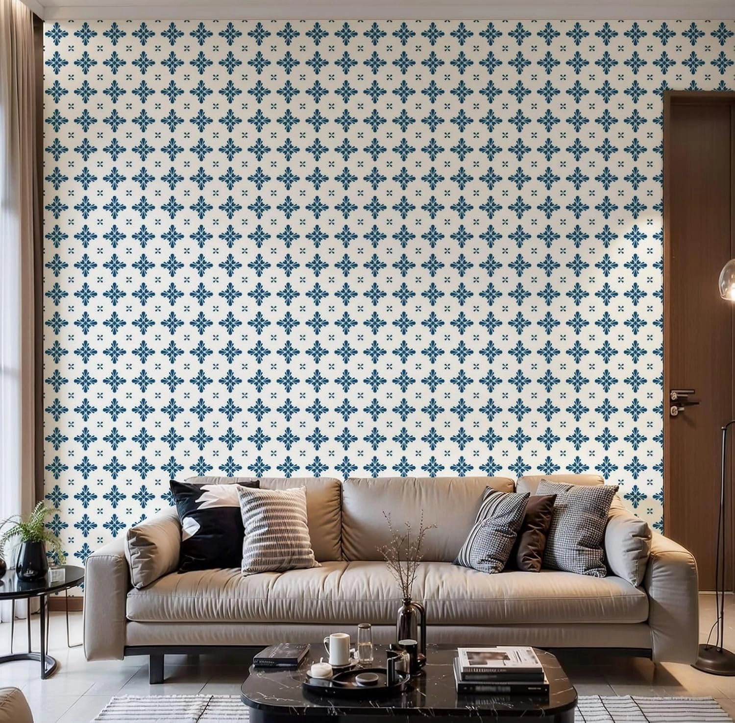 Peel and Stick Wallpaper Self Adhesive Wall Mural Blue white flower decoration Spain Portugal seamless floral mosaic Contact Paper Renter Friendly Wallpaper for Kitchen Nursery Bedroom 17.7"x118"