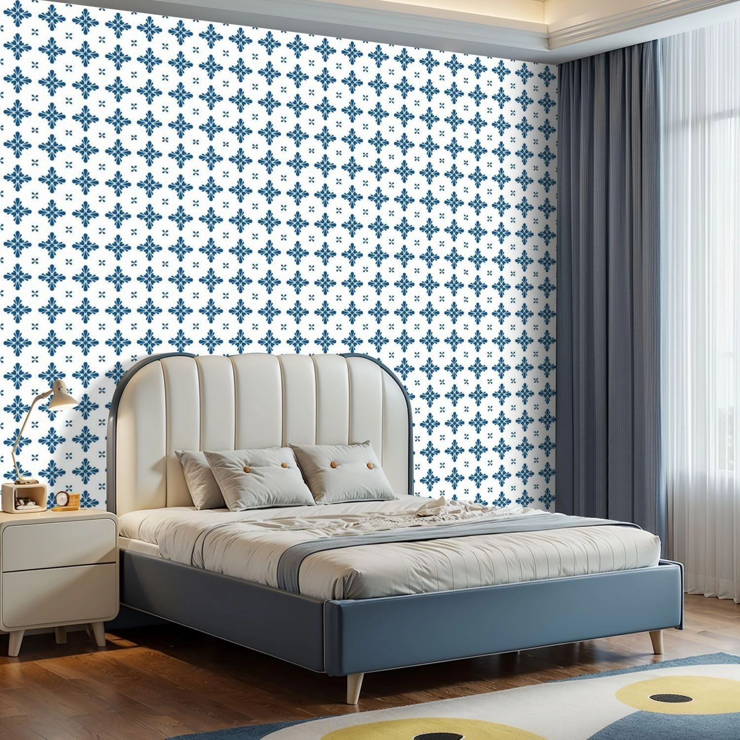 Peel and Stick Wallpaper Self Adhesive Wall Mural Blue white flower decoration Spain Portugal seamless floral mosaic Contact Paper Renter Friendly Wallpaper for Kitchen Nursery Bedroom 17.7"x118"