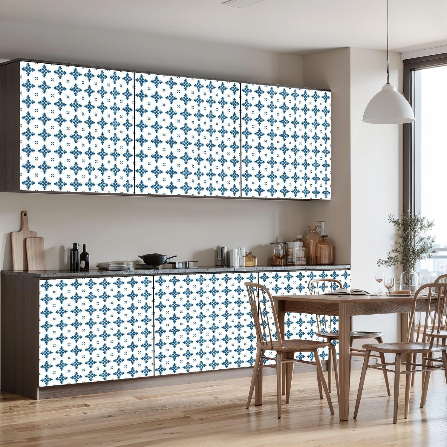 Peel and Stick Wallpaper Self Adhesive Wall Mural Blue white flower decoration Spain Portugal seamless floral mosaic Contact Paper Renter Friendly Wallpaper for Kitchen Nursery Bedroom 17.7"x118"
