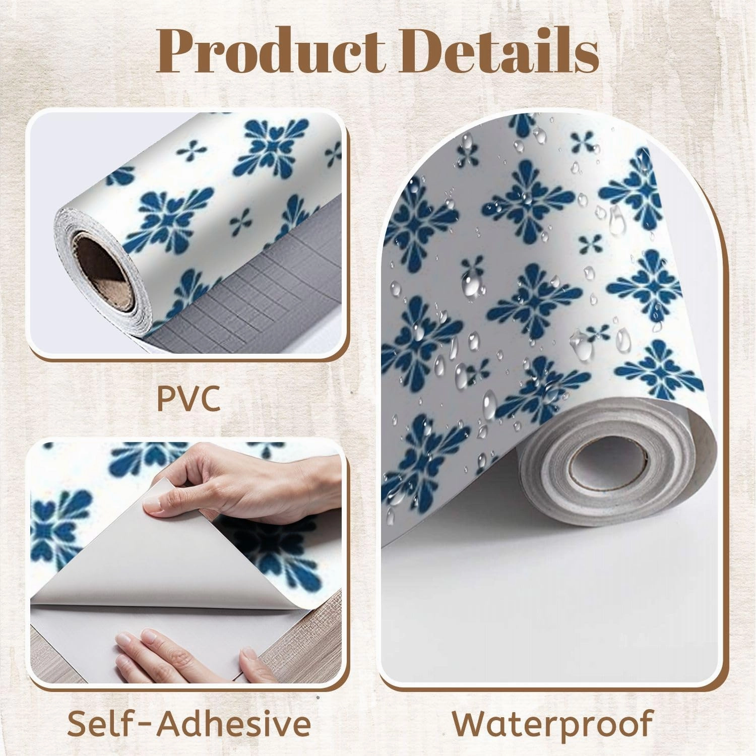 Peel and Stick Wallpaper Self Adhesive Wall Mural Blue white flower decoration Spain Portugal seamless floral mosaic Contact Paper Renter Friendly Wallpaper for Kitchen Nursery Bedroom 17.7"x118"