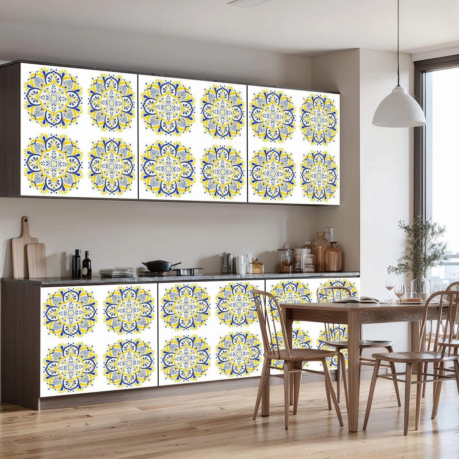 Peel and Stick Wallpaper Self Adhesive Wall Mural Bright summer mandala yellow blue tones Portuguese style Portuguese Contact Paper Renter Friendly Wallpaper for Kitchen Nursery Bedroom 17.7"x118"
