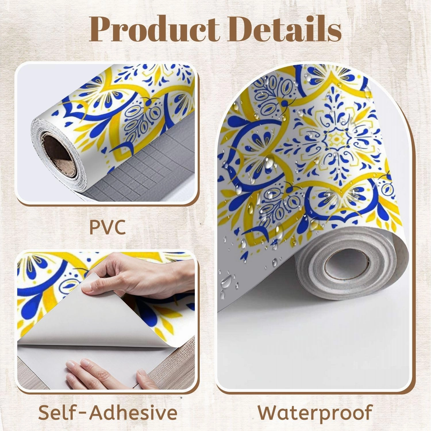Peel and Stick Wallpaper Self Adhesive Wall Mural Bright summer mandala yellow blue tones Portuguese style Portuguese Contact Paper Renter Friendly Wallpaper for Kitchen Nursery Bedroom 17.7"x118"