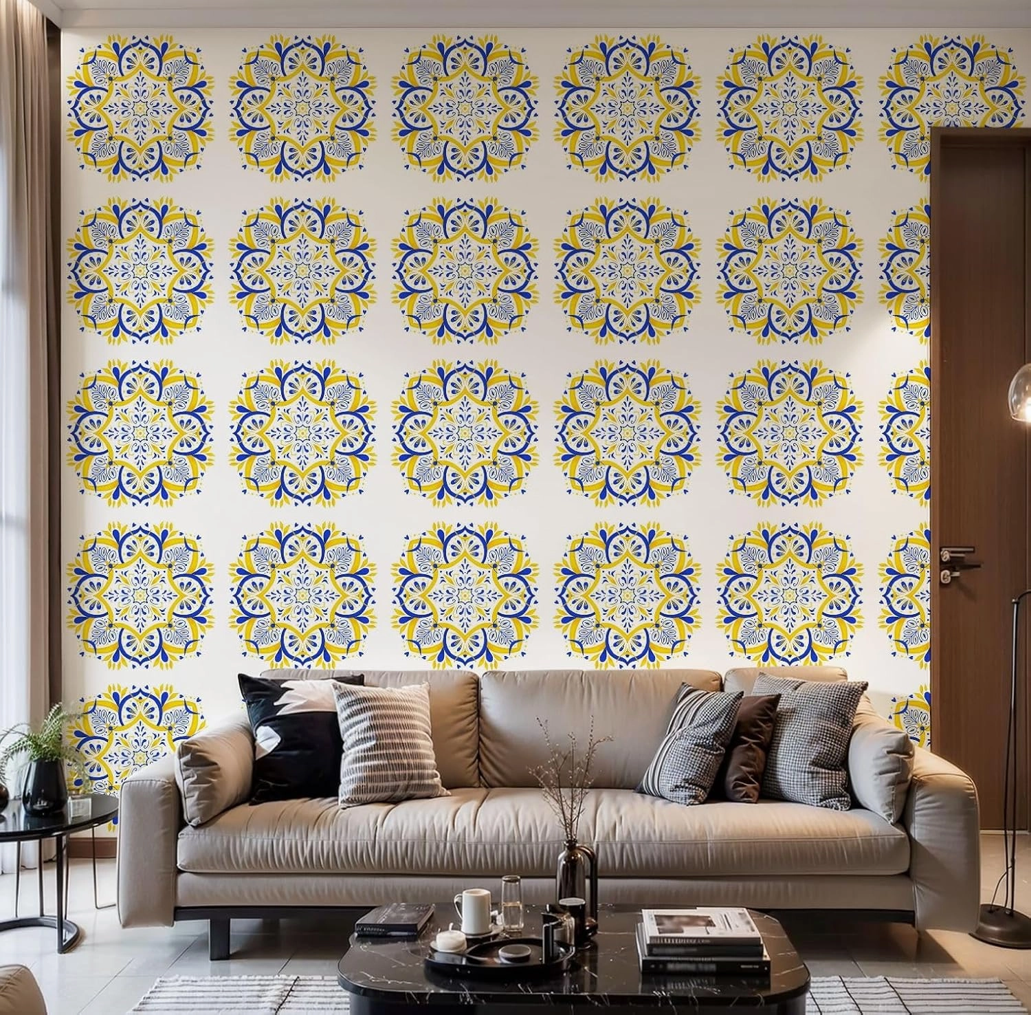 Peel and Stick Wallpaper Self Adhesive Wall Mural Bright summer mandala yellow blue tones Portuguese style Portuguese Contact Paper Renter Friendly Wallpaper for Kitchen Nursery Bedroom 17.7"x118"