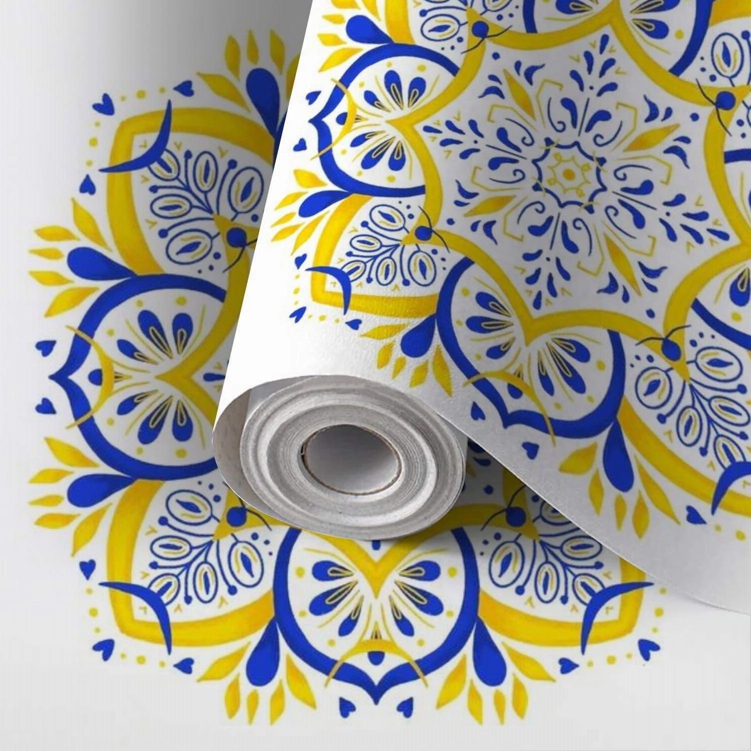 Peel and Stick Wallpaper Self Adhesive Wall Mural Bright summer mandala yellow blue tones Portuguese style Portuguese Contact Paper Renter Friendly Wallpaper for Kitchen Nursery Bedroom 17.7"x118"