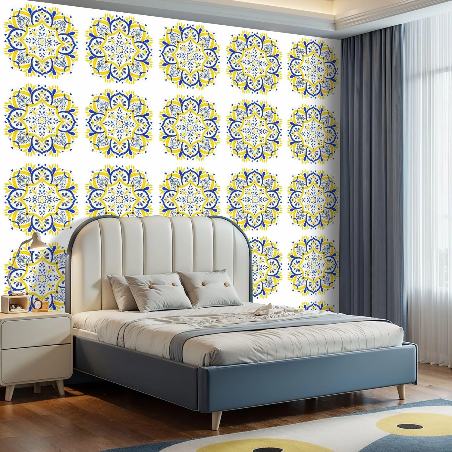 Peel and Stick Wallpaper Self Adhesive Wall Mural Bright summer mandala yellow blue tones Portuguese style Portuguese Contact Paper Renter Friendly Wallpaper for Kitchen Nursery Bedroom 17.7"x118"