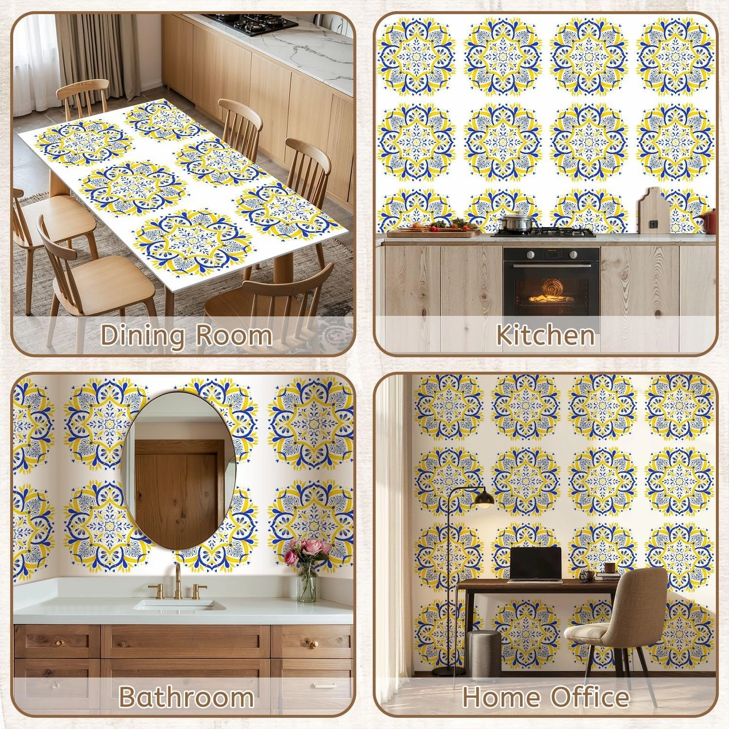 Peel and Stick Wallpaper Self Adhesive Wall Mural Bright summer mandala yellow blue tones Portuguese style Portuguese Contact Paper Renter Friendly Wallpaper for Kitchen Nursery Bedroom 17.7"x118"