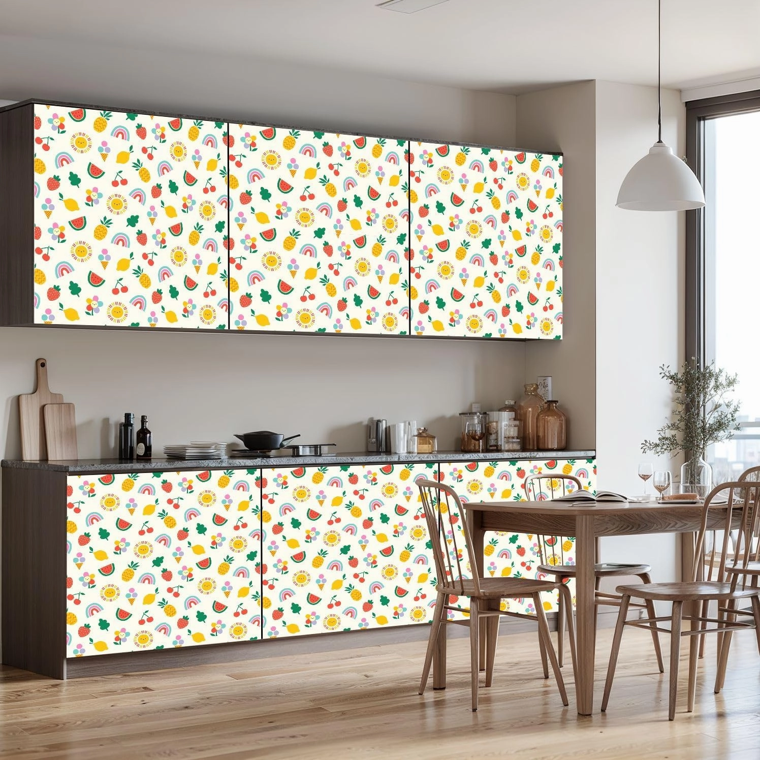 Peel and Stick Wallpaper Self Adhesive Wall Mural Children s summer seamless cute hand drawn rainbow sun fruit for Contact Paper Renter Friendly Wallpaper for Kitchen Nursery Bedroom 17.7"x118"