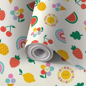 Peel and Stick Wallpaper Self Adhesive Wall Mural Children s summer seamless cute hand drawn rainbow sun fruit for Contact Paper Renter Friendly Wallpaper for Kitchen Nursery Bedroom 17.7"x118"