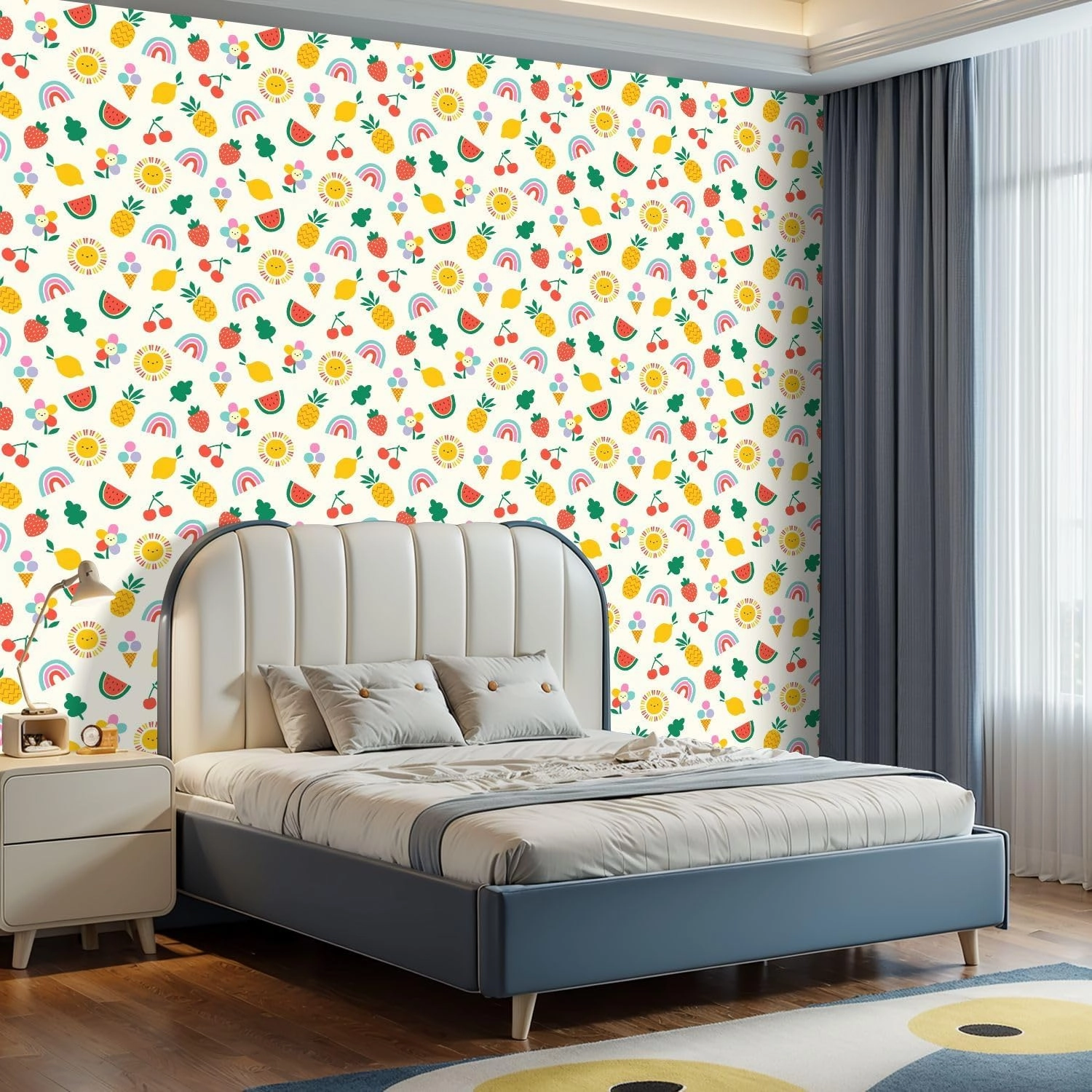 Peel and Stick Wallpaper Self Adhesive Wall Mural Children s summer seamless cute hand drawn rainbow sun fruit for Contact Paper Renter Friendly Wallpaper for Kitchen Nursery Bedroom 17.7"x118"