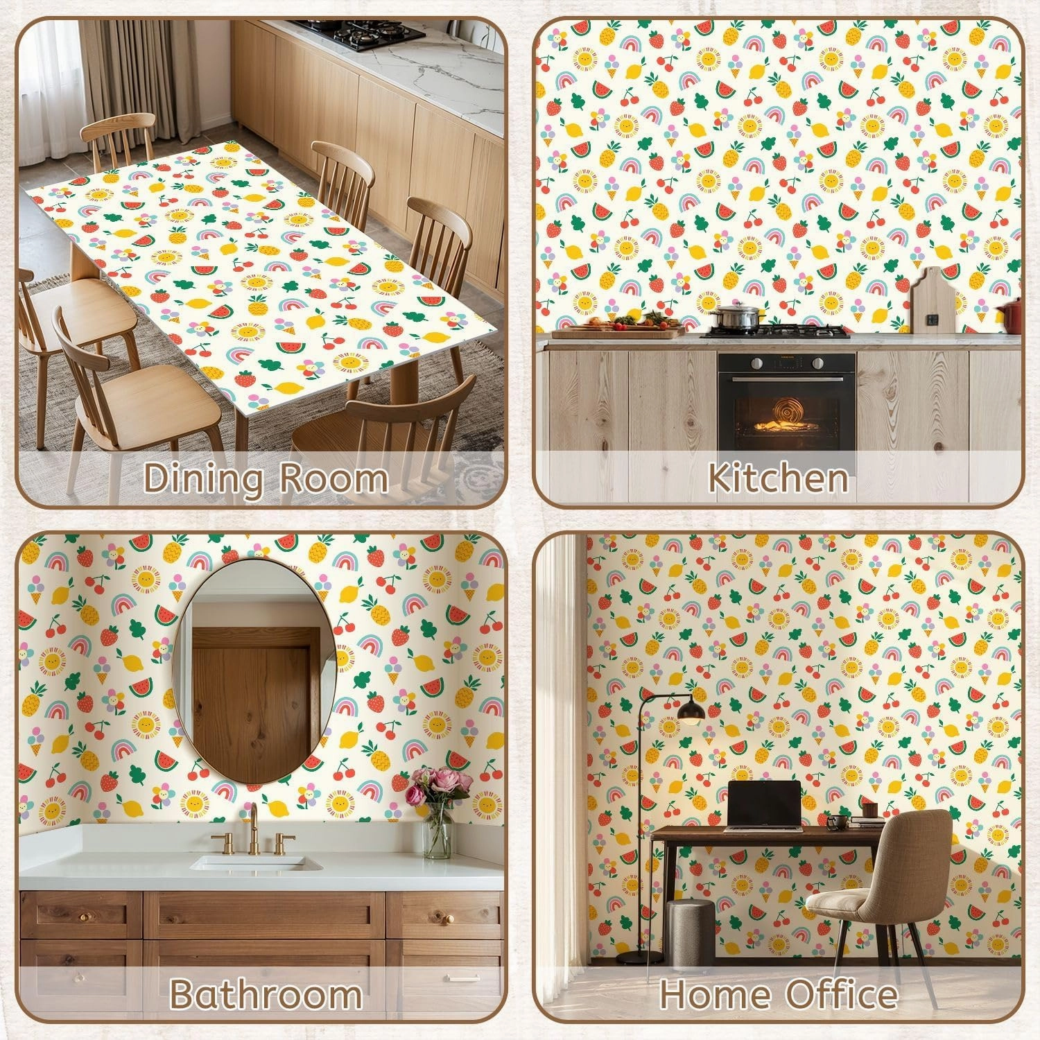 Peel and Stick Wallpaper Self Adhesive Wall Mural Children s summer seamless cute hand drawn rainbow sun fruit for Contact Paper Renter Friendly Wallpaper for Kitchen Nursery Bedroom 17.7"x118"