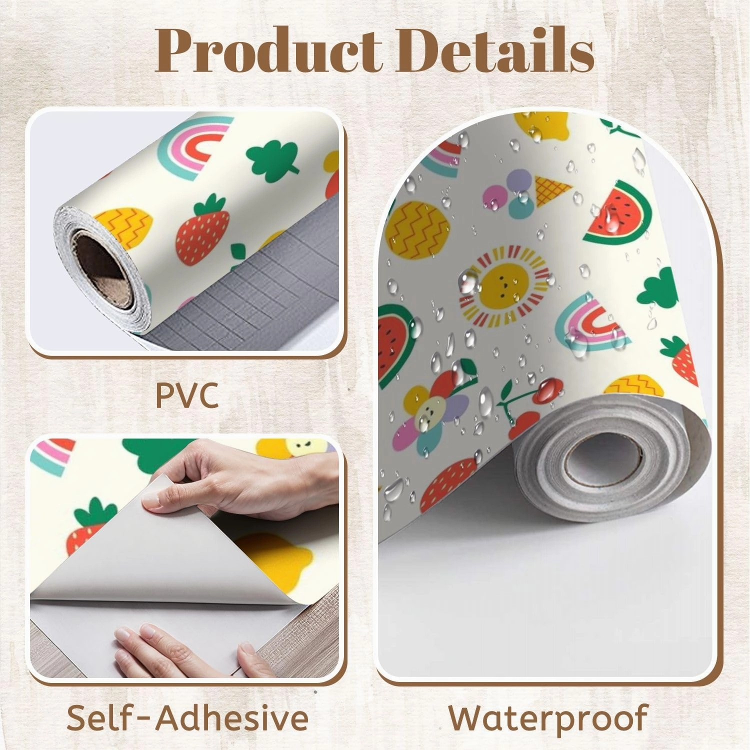 Peel and Stick Wallpaper Self Adhesive Wall Mural Children s summer seamless cute hand drawn rainbow sun fruit for Contact Paper Renter Friendly Wallpaper for Kitchen Nursery Bedroom 17.7"x118"