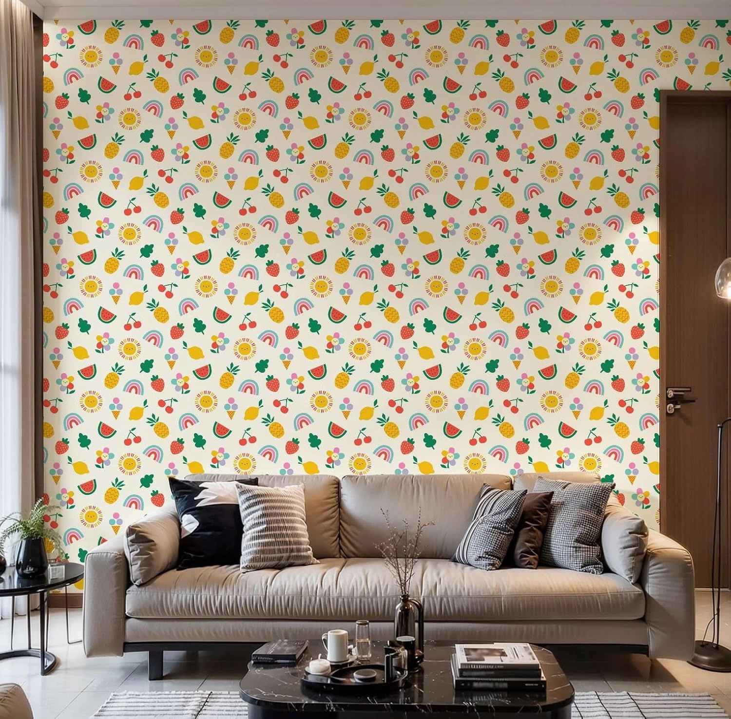 Peel and Stick Wallpaper Self Adhesive Wall Mural Children s summer seamless cute hand drawn rainbow sun fruit for Contact Paper Renter Friendly Wallpaper for Kitchen Nursery Bedroom 17.7"x118"