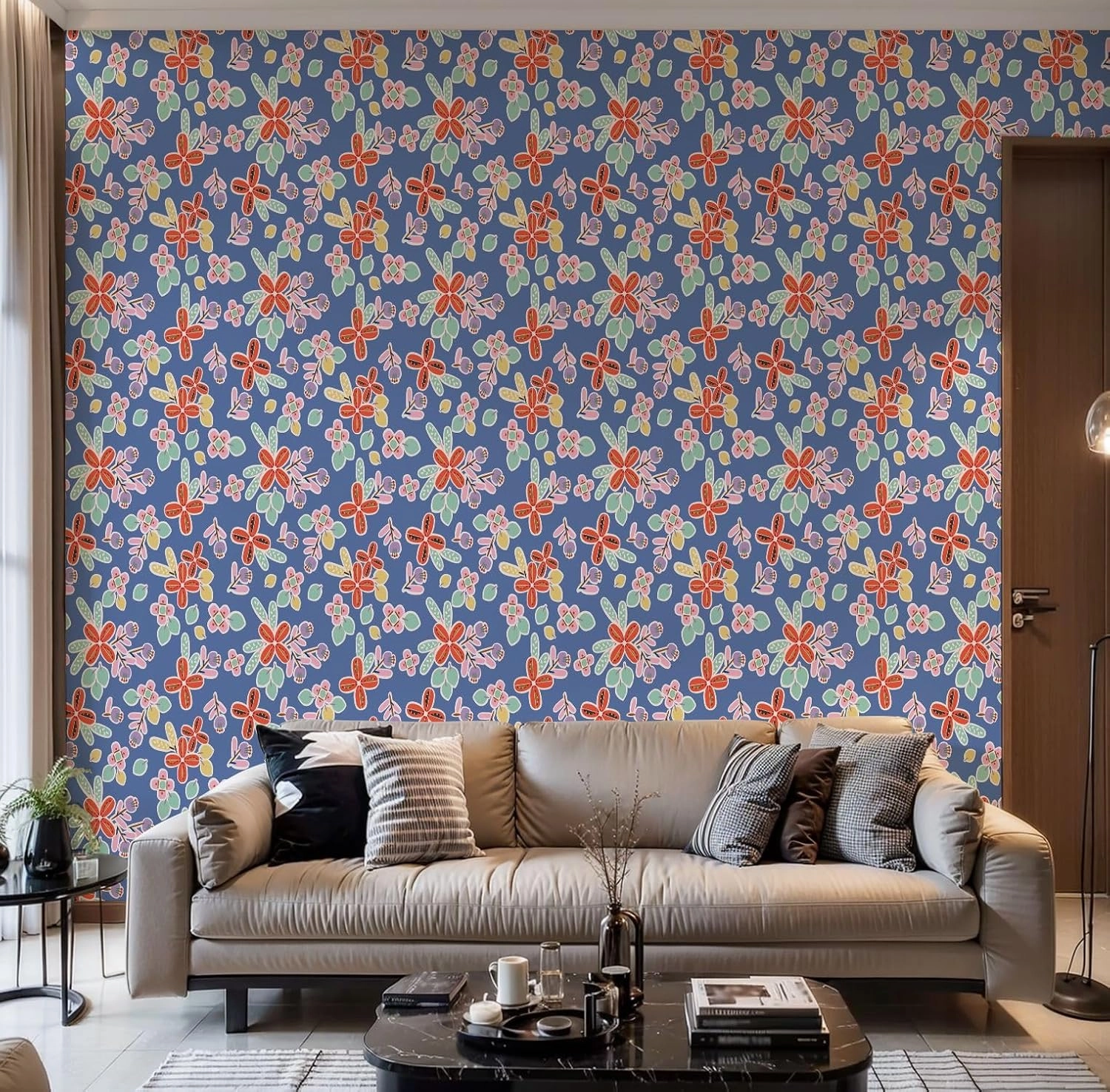 Peel and Stick Wallpaper Self Adhesive Wall Mural COLORFUL HAND DRAWN FLORAL SEAMLESS PATTERN BLUE SEAMLESS PRINT Contact Paper Renter Friendly Wallpaper for Kitchen Nursery Bedroom 17.7"x118"