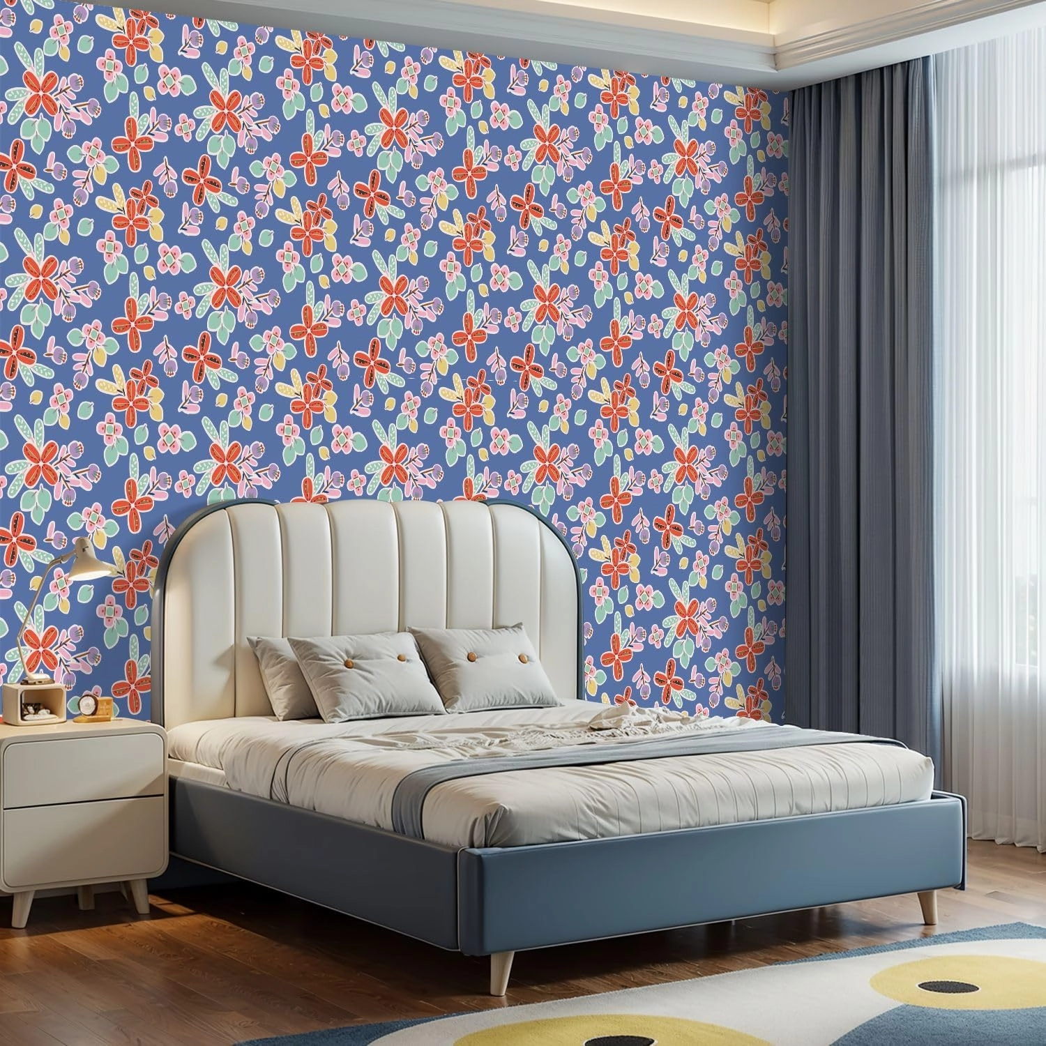 Peel and Stick Wallpaper Self Adhesive Wall Mural COLORFUL HAND DRAWN FLORAL SEAMLESS PATTERN BLUE SEAMLESS PRINT Contact Paper Renter Friendly Wallpaper for Kitchen Nursery Bedroom 17.7"x118"