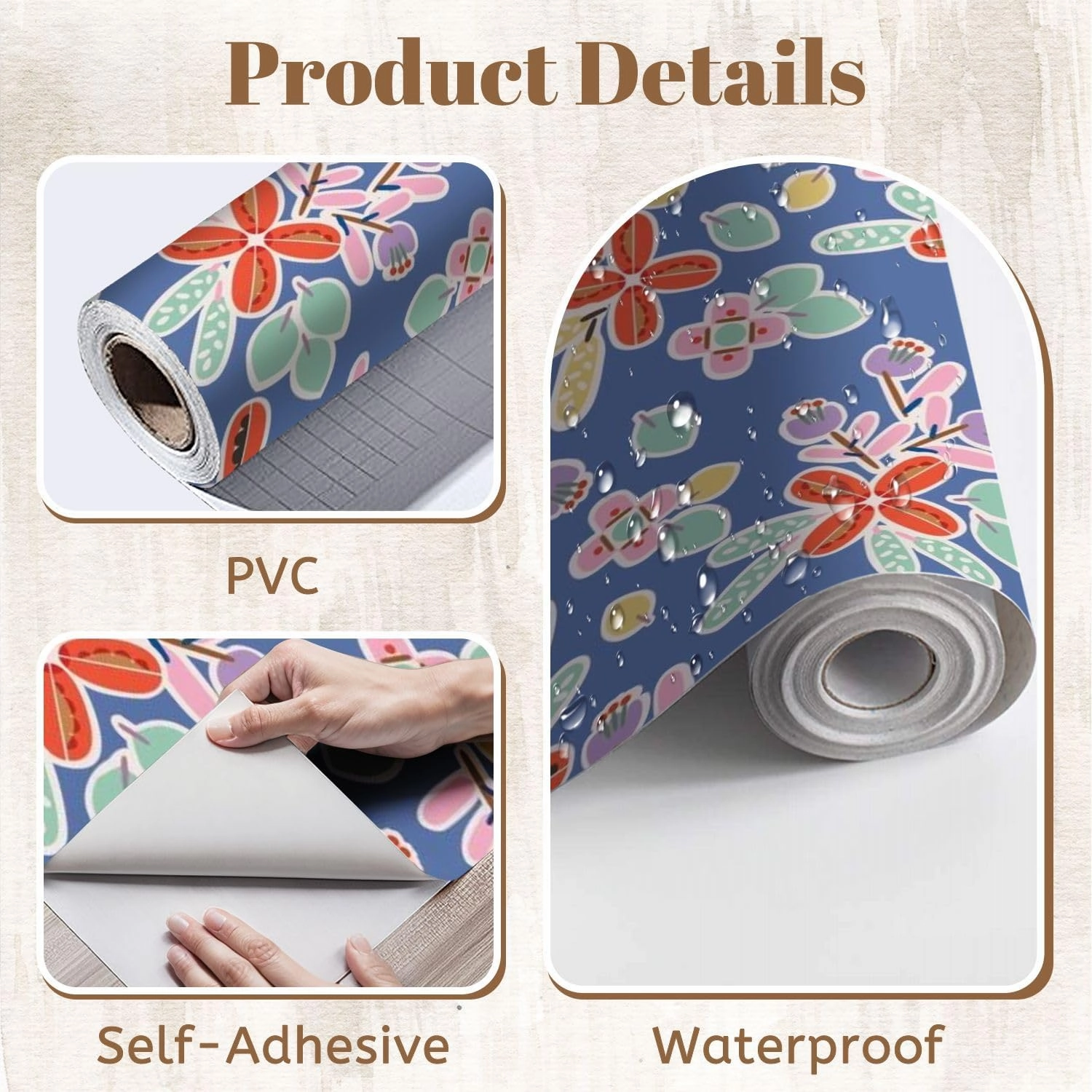Peel and Stick Wallpaper Self Adhesive Wall Mural COLORFUL HAND DRAWN FLORAL SEAMLESS PATTERN BLUE SEAMLESS PRINT Contact Paper Renter Friendly Wallpaper for Kitchen Nursery Bedroom 17.7"x118"