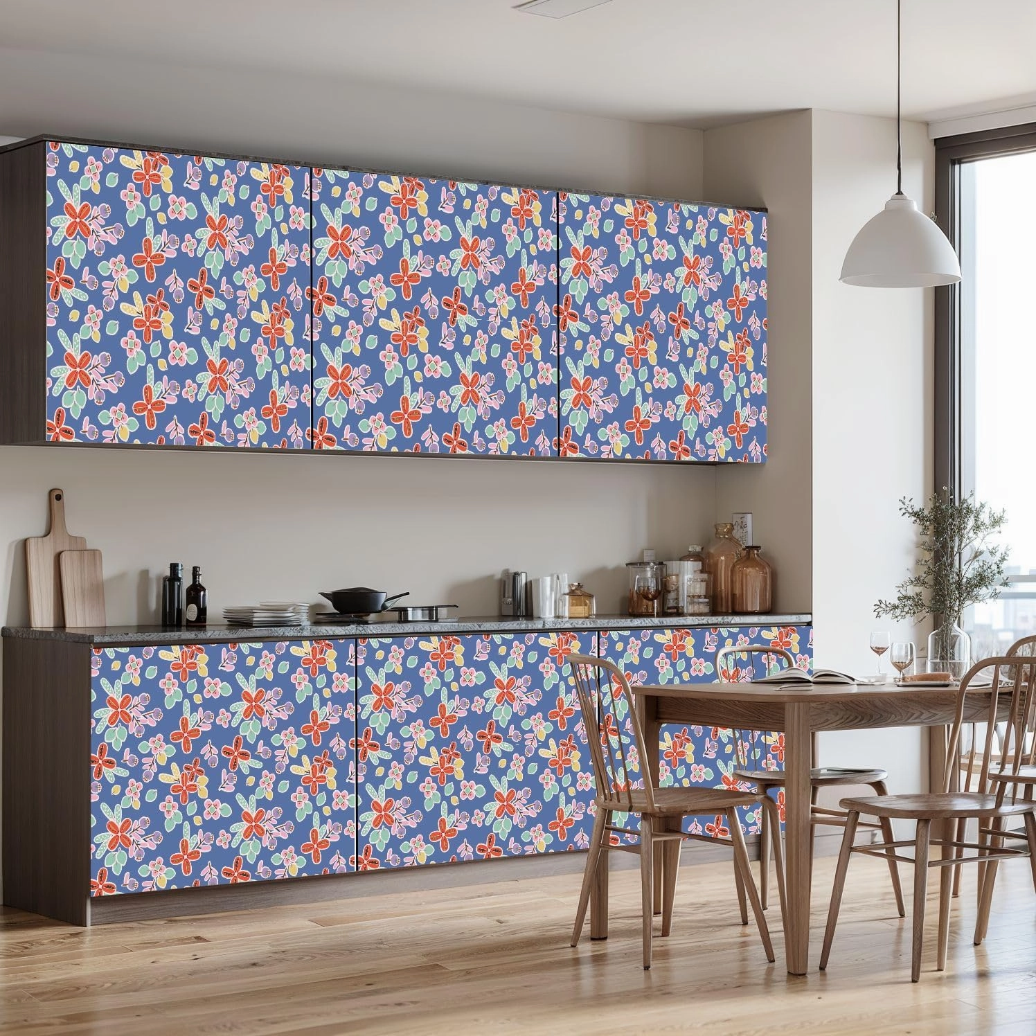 Peel and Stick Wallpaper Self Adhesive Wall Mural COLORFUL HAND DRAWN FLORAL SEAMLESS PATTERN BLUE SEAMLESS PRINT Contact Paper Renter Friendly Wallpaper for Kitchen Nursery Bedroom 17.7"x118"