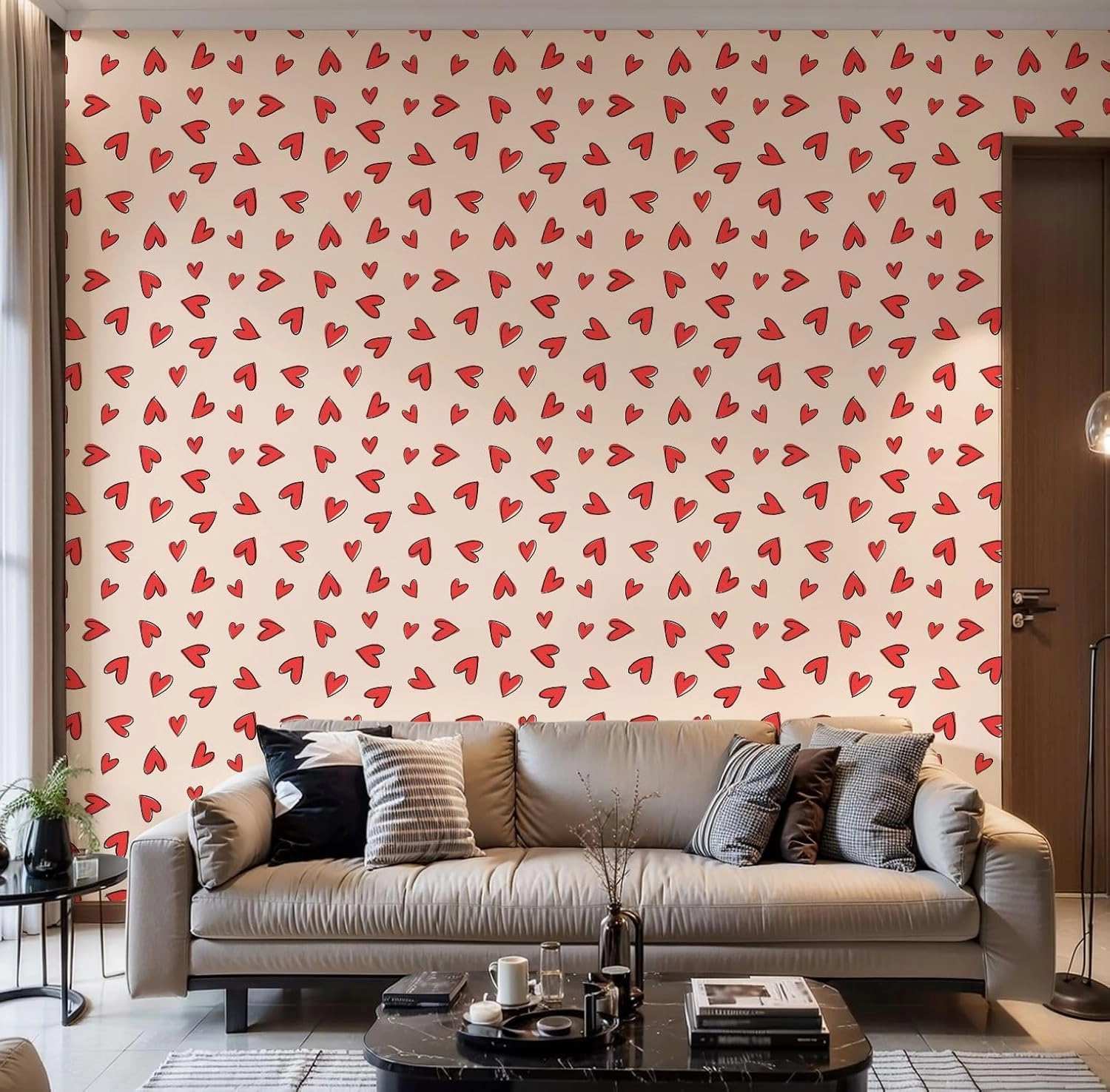 Peel and Stick Wallpaper Self Adhesive Wall Mural Cute doodled valentines day love themed seamless repeat pattern Random Contact Paper Renter Friendly Wallpaper for Kitchen Nursery Bedroom 17.7"x118"