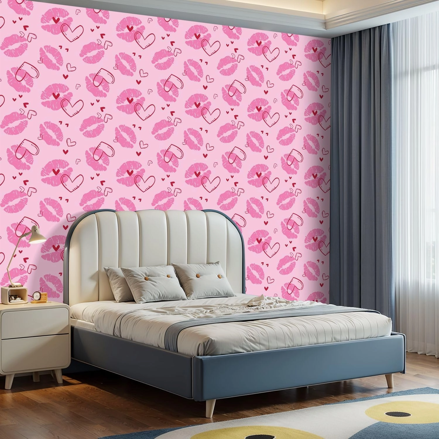 Peel and Stick Wallpaper Self Adhesive Wall Mural Cute Girl kiss Patterns Love Contact Paper Renter Friendly Wallpaper for Kitchen Nursery Bedroom 17.7"x118"