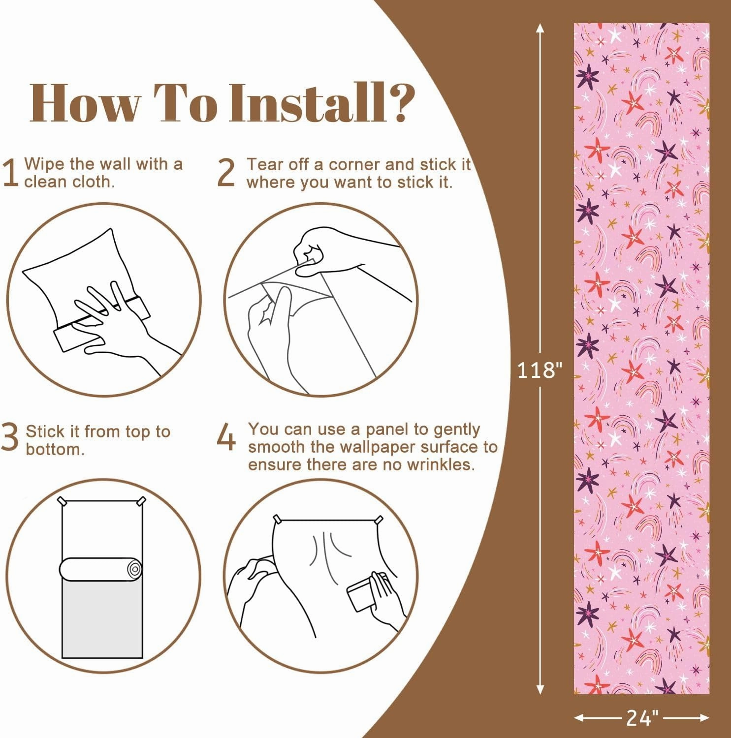Peel and Stick Wallpaper Self Adhesive Wall Mural Cute hand drawn seamless pattern stars rainbows pink repeated design Contact Paper Renter Friendly Wallpaper for Kitchen Nursery Bedroom 24"x118"