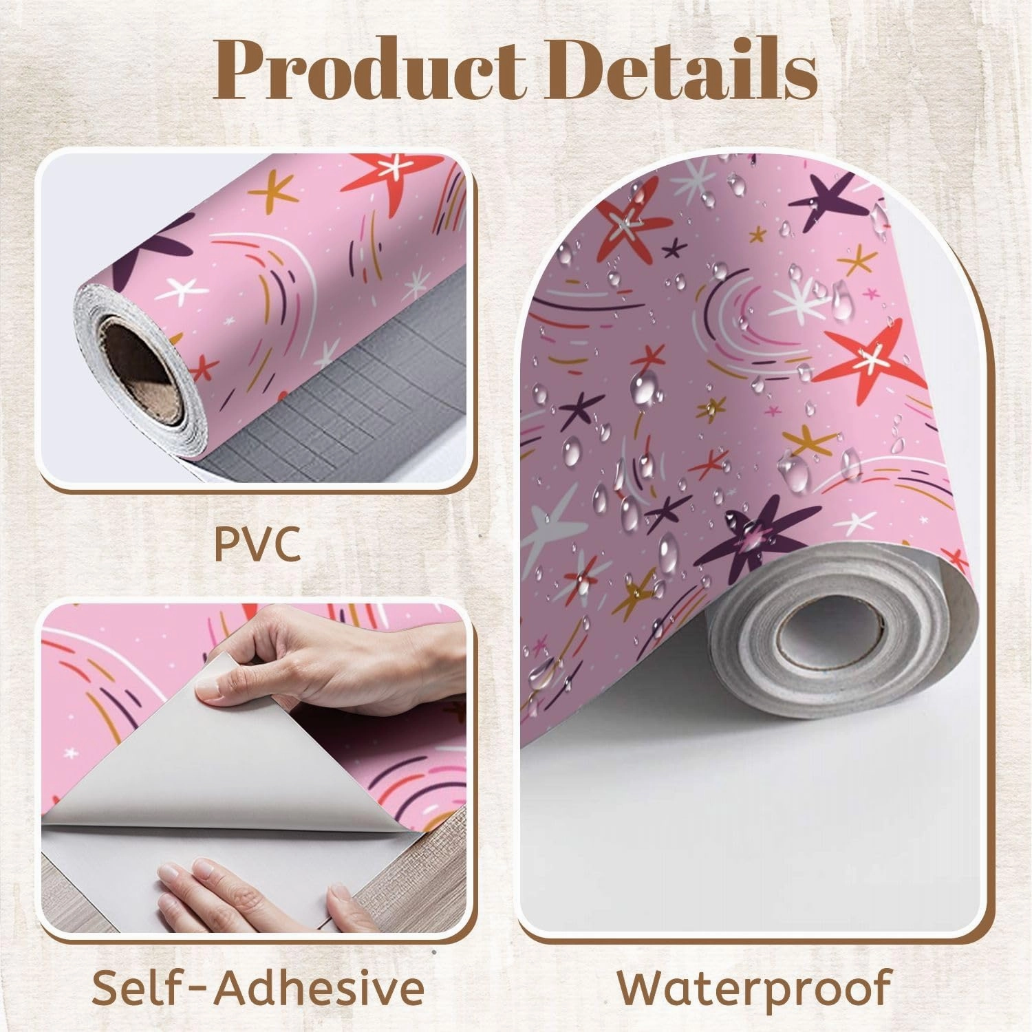 Peel and Stick Wallpaper Self Adhesive Wall Mural Cute hand drawn seamless pattern stars rainbows pink repeated design Contact Paper Renter Friendly Wallpaper for Kitchen Nursery Bedroom 24"x118"