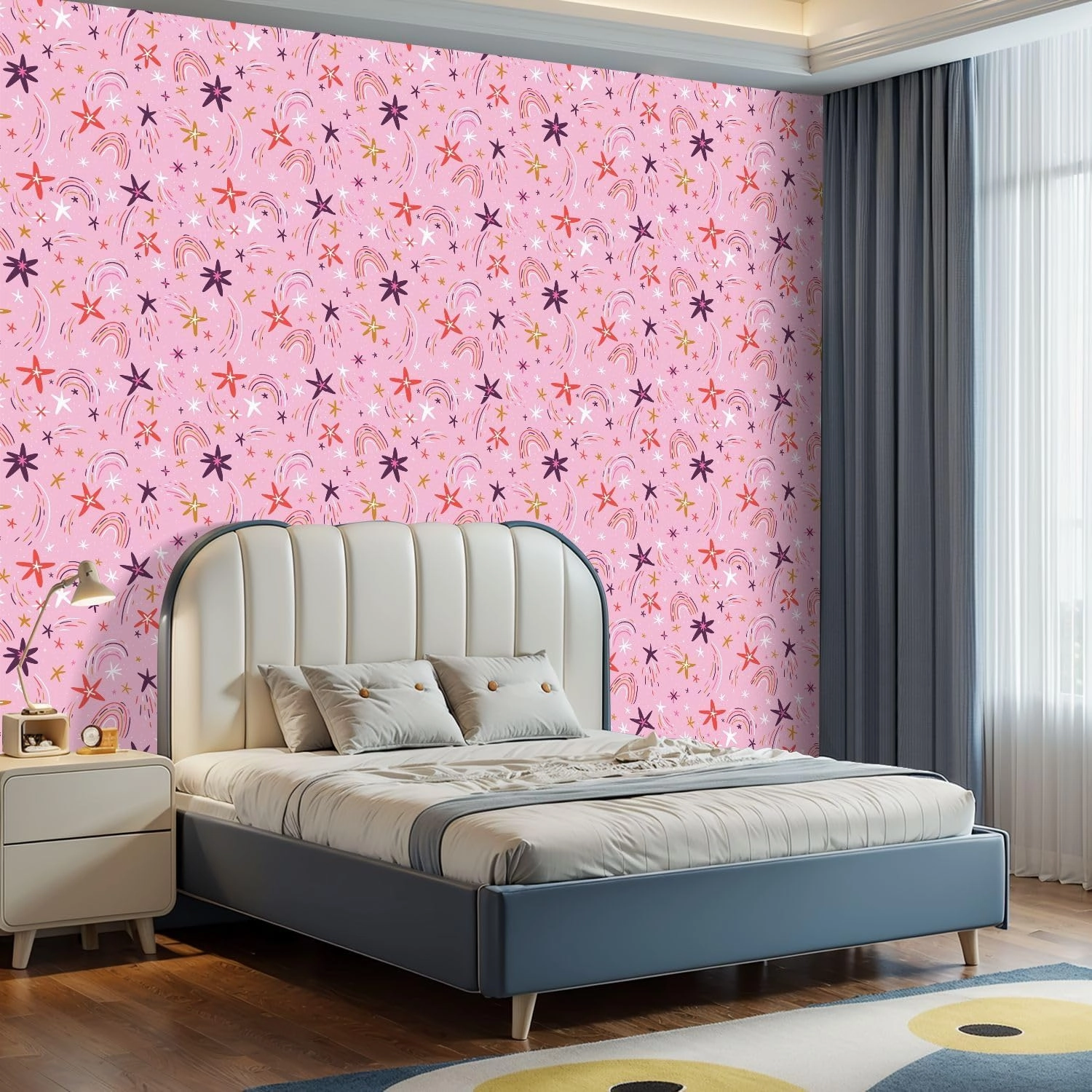 Peel and Stick Wallpaper Self Adhesive Wall Mural Cute hand drawn seamless pattern stars rainbows pink repeated design Contact Paper Renter Friendly Wallpaper for Kitchen Nursery Bedroom 24"x118"