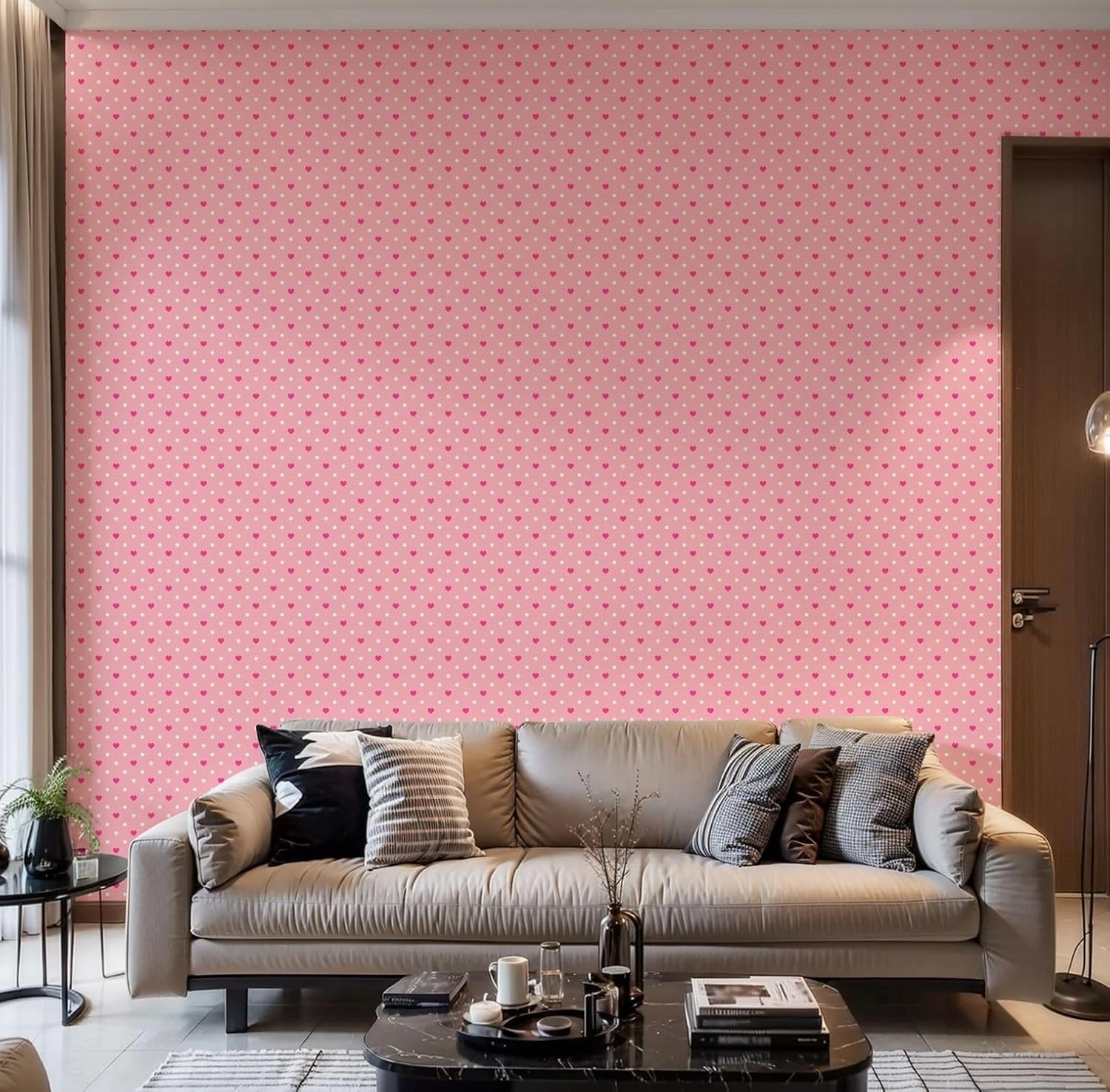Peel and Stick Wallpaper Self Adhesive Wall Mural Cute pink heart seamless love hearts white dots texture soft pink Contact Paper Renter Friendly Wallpaper for Kitchen Nursery Bedroom 17.7"x118"