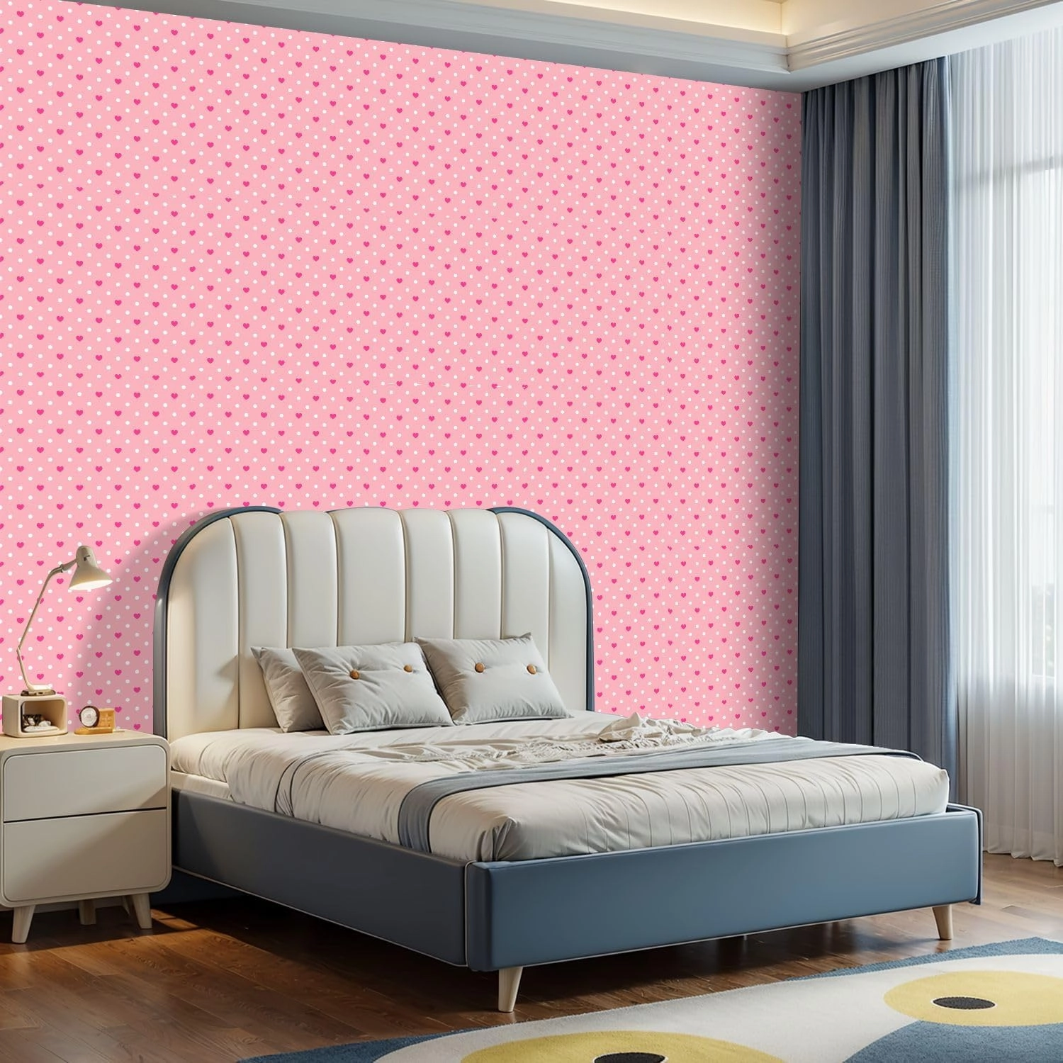 Peel and Stick Wallpaper Self Adhesive Wall Mural Cute pink heart seamless love hearts white dots texture soft pink Contact Paper Renter Friendly Wallpaper for Kitchen Nursery Bedroom 17.7"x118"