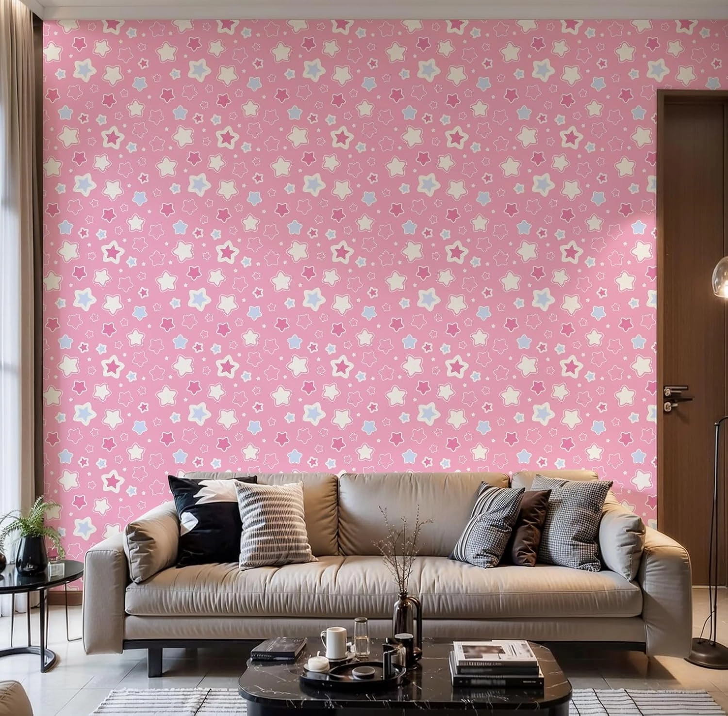 Peel and Stick Wallpaper Self Adhesive Wall Mural Cute seamless pattern stars pink Texture for print textile fabric Contact Paper Renter Friendly Wallpaper for Kitchen Nursery Bedroom 17.7"x118"