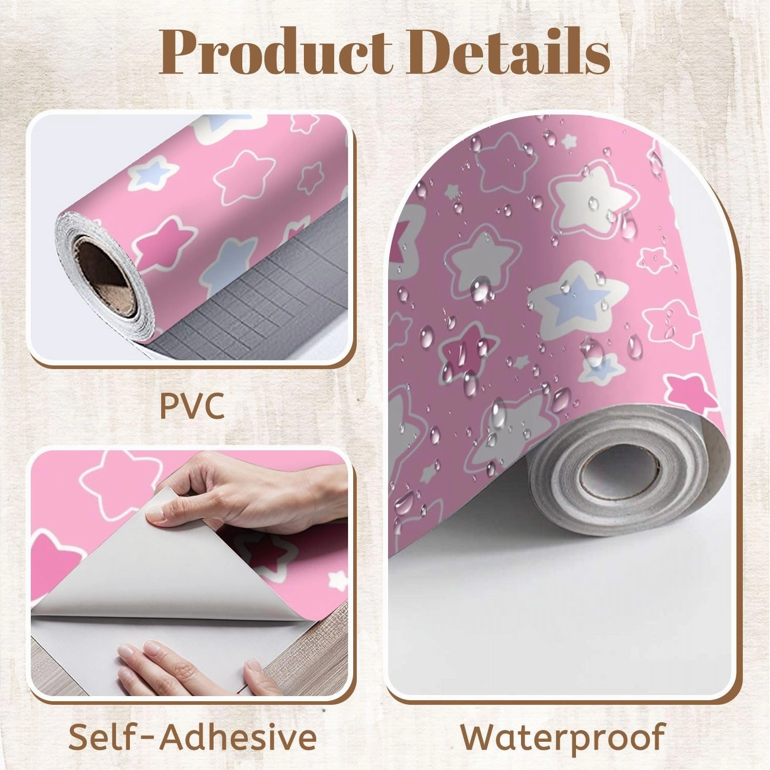 Peel and Stick Wallpaper Self Adhesive Wall Mural Cute seamless pattern stars pink Texture for print textile fabric Contact Paper Renter Friendly Wallpaper for Kitchen Nursery Bedroom 17.7"x118"