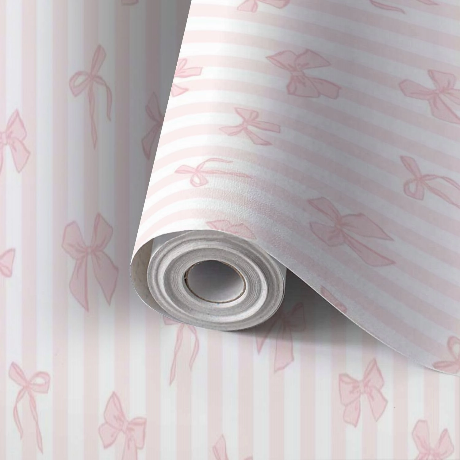 Peel and Stick Wallpaper Self Adhesive Wall Mural different pink bows striped seamless for girl coquette core desig Contact Paper Renter Friendly Wallpaper for Kitchen Nursery Bedroom 17.7"x118"