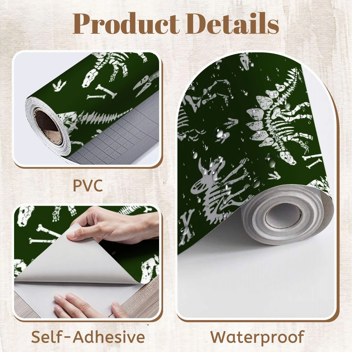 Peel and Stick Wallpaper Self Adhesive Wall Mural dinosaur skeleton seamless grunge pattern Original design t rex Contact Paper Renter Friendly Wallpaper for Kitchen Nursery Bedroom 17.7"x118"