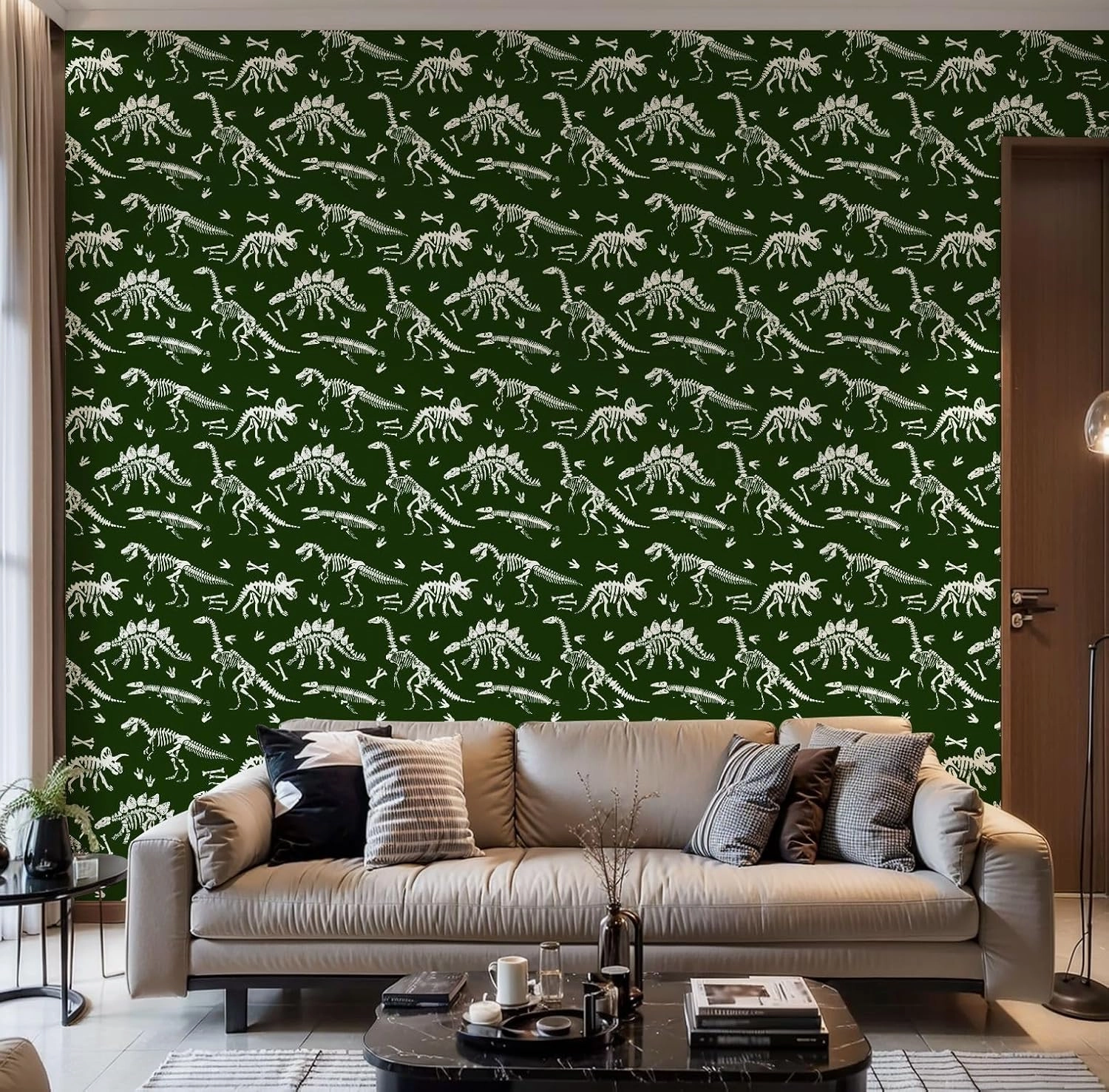Peel and Stick Wallpaper Self Adhesive Wall Mural dinosaur skeleton seamless grunge pattern Original design t rex Contact Paper Renter Friendly Wallpaper for Kitchen Nursery Bedroom 17.7"x118"