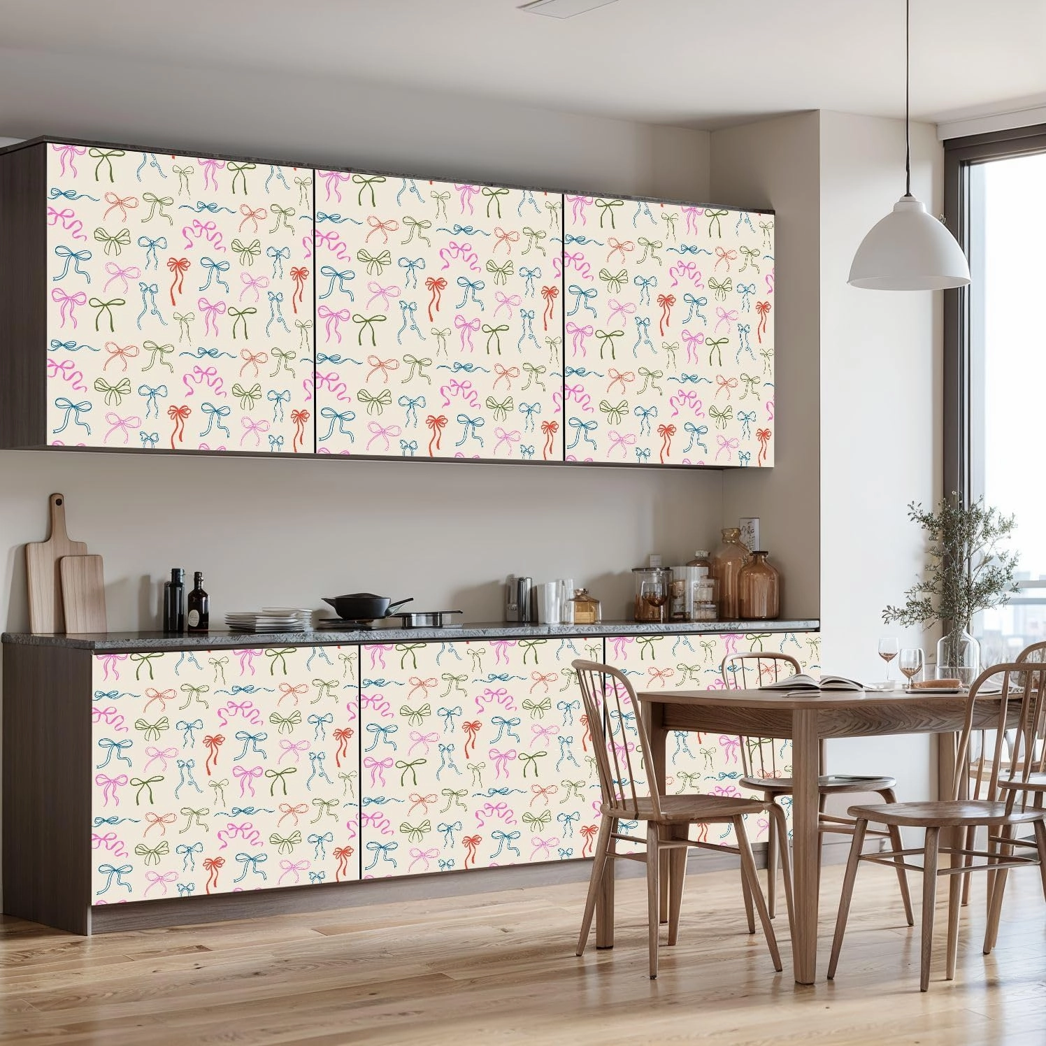 Peel and Stick Wallpaper Self Adhesive Wall Mural Elegant whimsical hand drawn pink blue orange green color bows Contact Paper Renter Friendly Wallpaper for Kitchen Nursery Bedroom 17.7"x118"