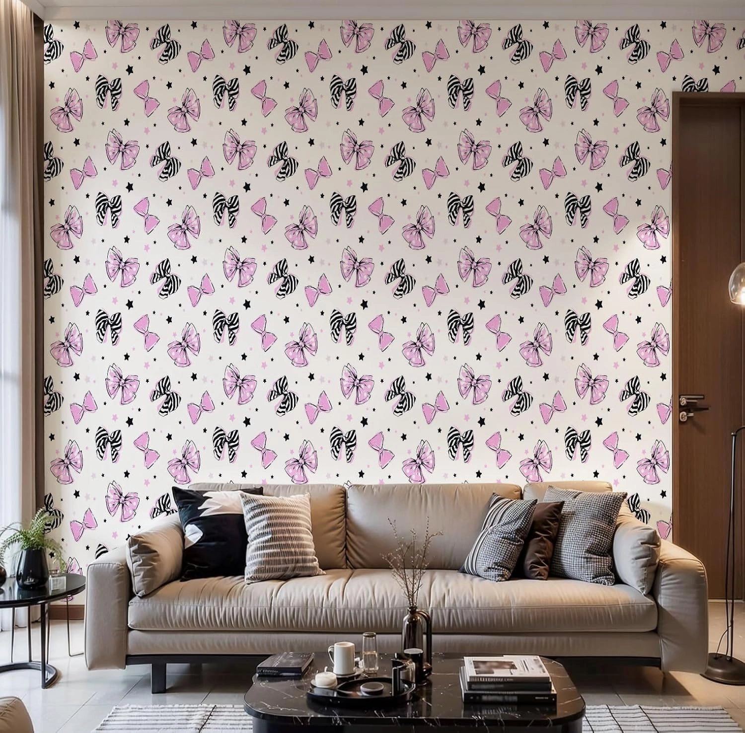 Peel and Stick Wallpaper Self Adhesive Wall Mural Girly cute seamless hand drawn black pink white bows stars white Contact Paper Renter Friendly Wallpaper for Kitchen Nursery Bedroom 17.7"x118"