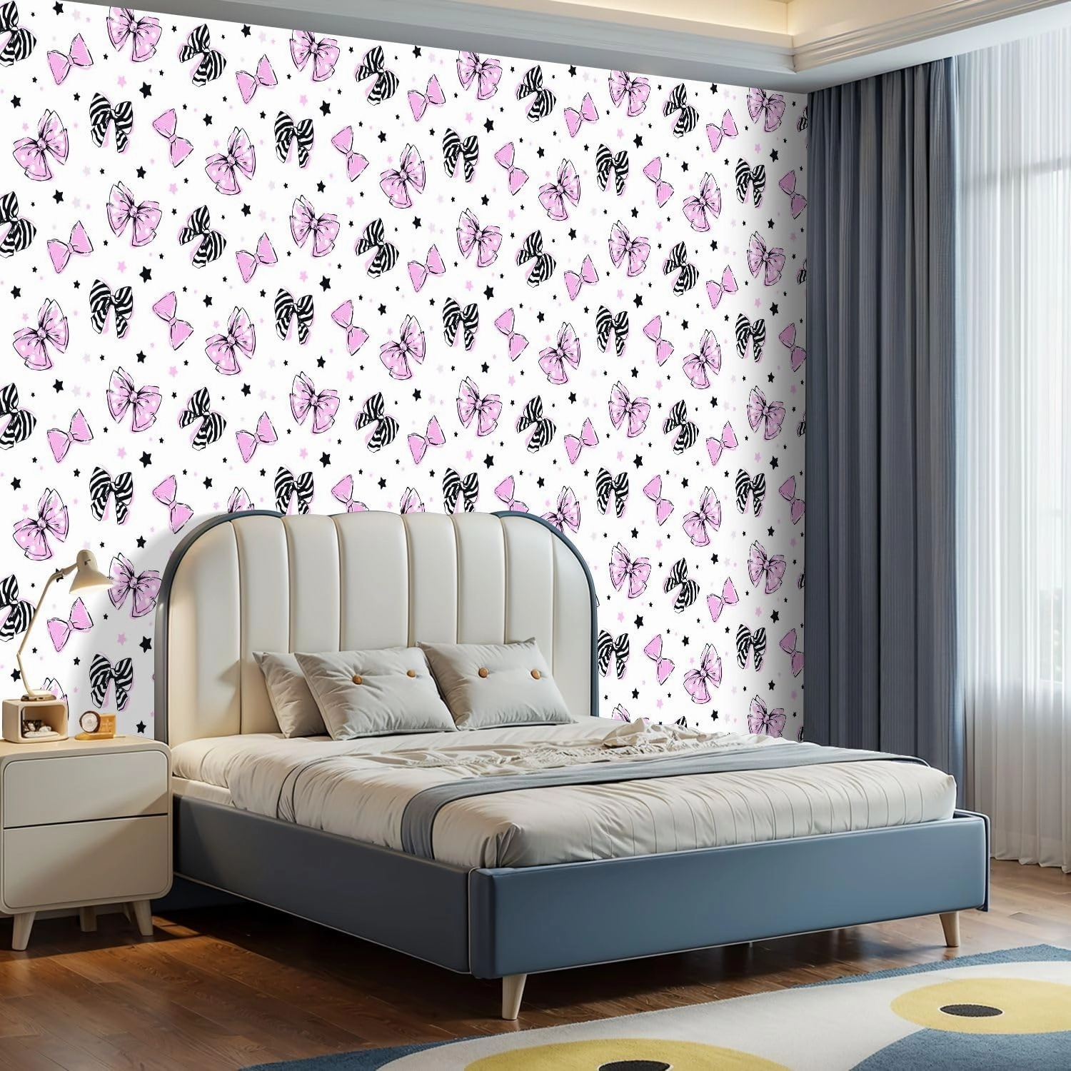 Peel and Stick Wallpaper Self Adhesive Wall Mural Girly cute seamless hand drawn black pink white bows stars white Contact Paper Renter Friendly Wallpaper for Kitchen Nursery Bedroom 17.7"x118"