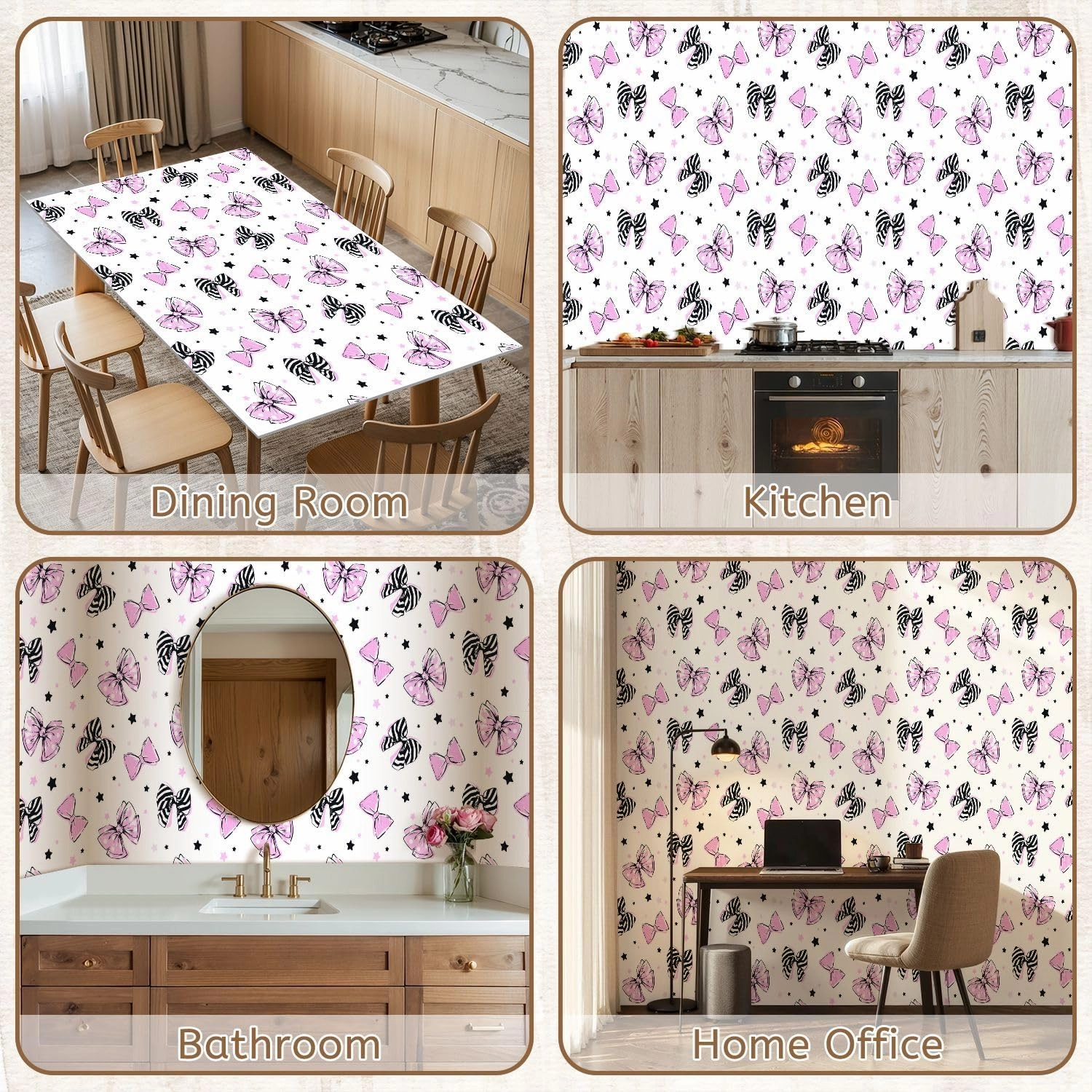 Peel and Stick Wallpaper Self Adhesive Wall Mural Girly cute seamless hand drawn black pink white bows stars white Contact Paper Renter Friendly Wallpaper for Kitchen Nursery Bedroom 17.7"x118"